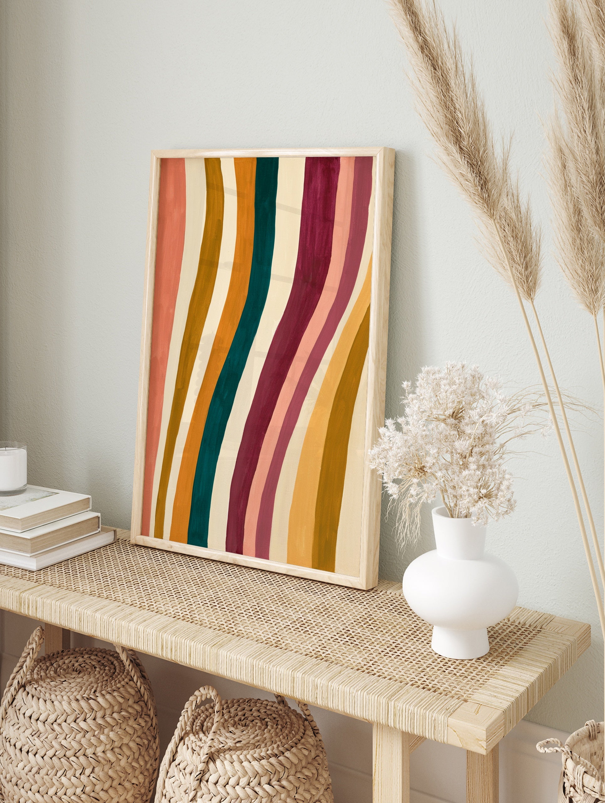 Abstract wavy stripe wall art featuring peach, teal, mustard, and burgundy vertical bands on, in an alternate framed mockup