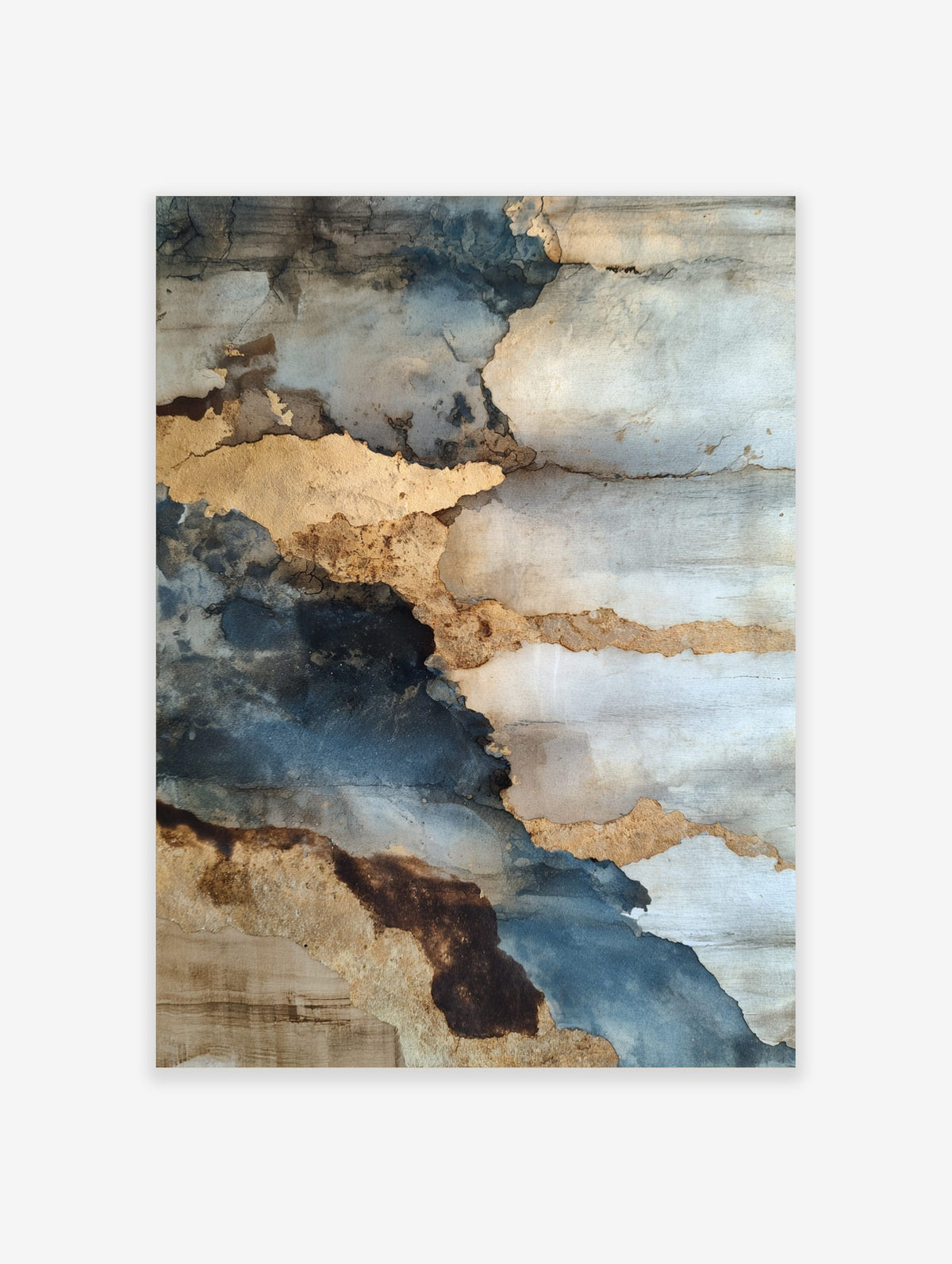 Abstract weathered wall art with layers of blue, grey, and textured gold, depicting peeling surfaces