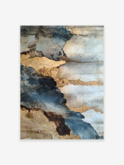 Abstract weathered wall art with layers of blue, grey, and textured gold, depicting peeling surfaces