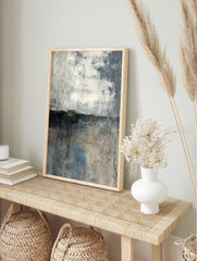 Abstract weathered concrete wall art print with horizontal dark band, off-white, grey, and, in an alternate framed mockup