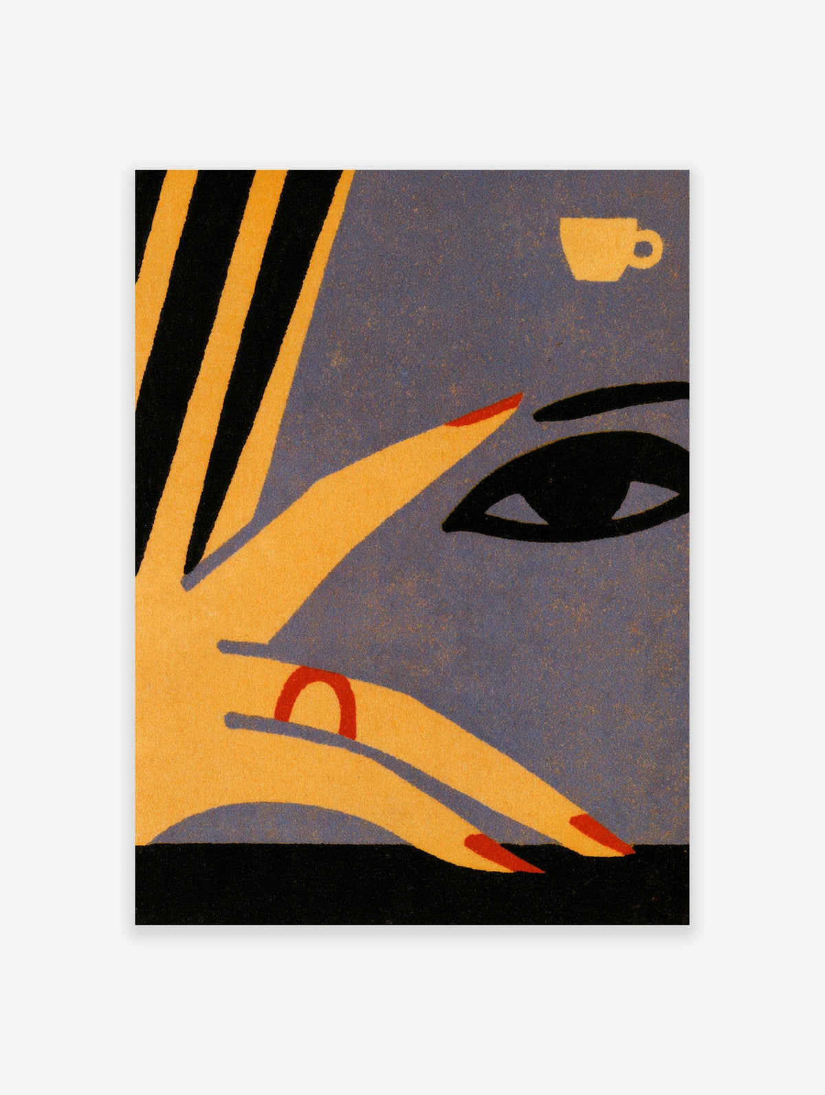 Modern abstract portrait poster of a woman's face, hand with red ring, and a coffee cup in yellow, black, and blue tones