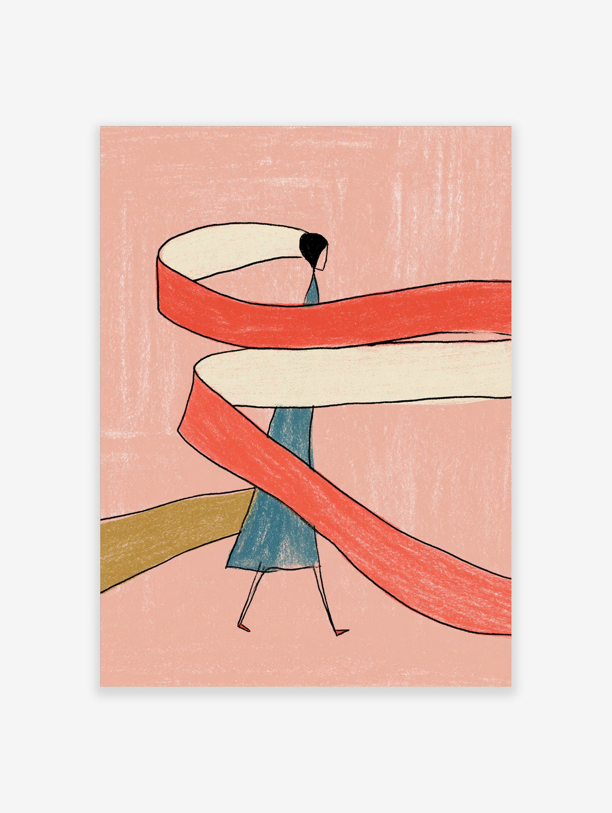 Abstract illustration of a woman in a blue dress walking through a red ribbon on a pink background