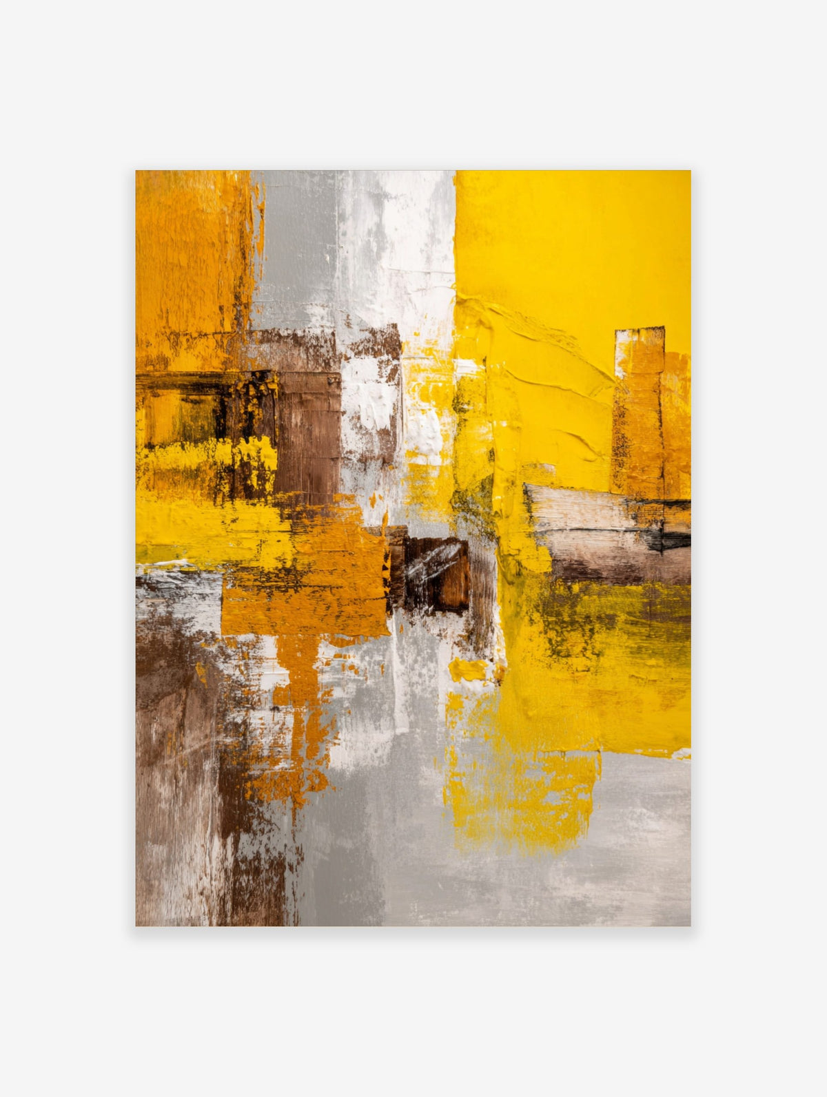 Abstract art print with textured yellow, grey, brown, and white blocks and visible brushstrokes in portrait orientation