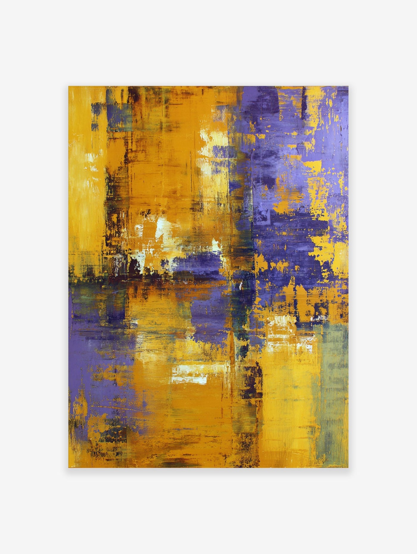 Abstract painting with textured yellow and purple brushstrokes creating a modern, distressed art print