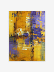 Abstract painting with textured yellow and purple brushstrokes creating a modern, distressed art print