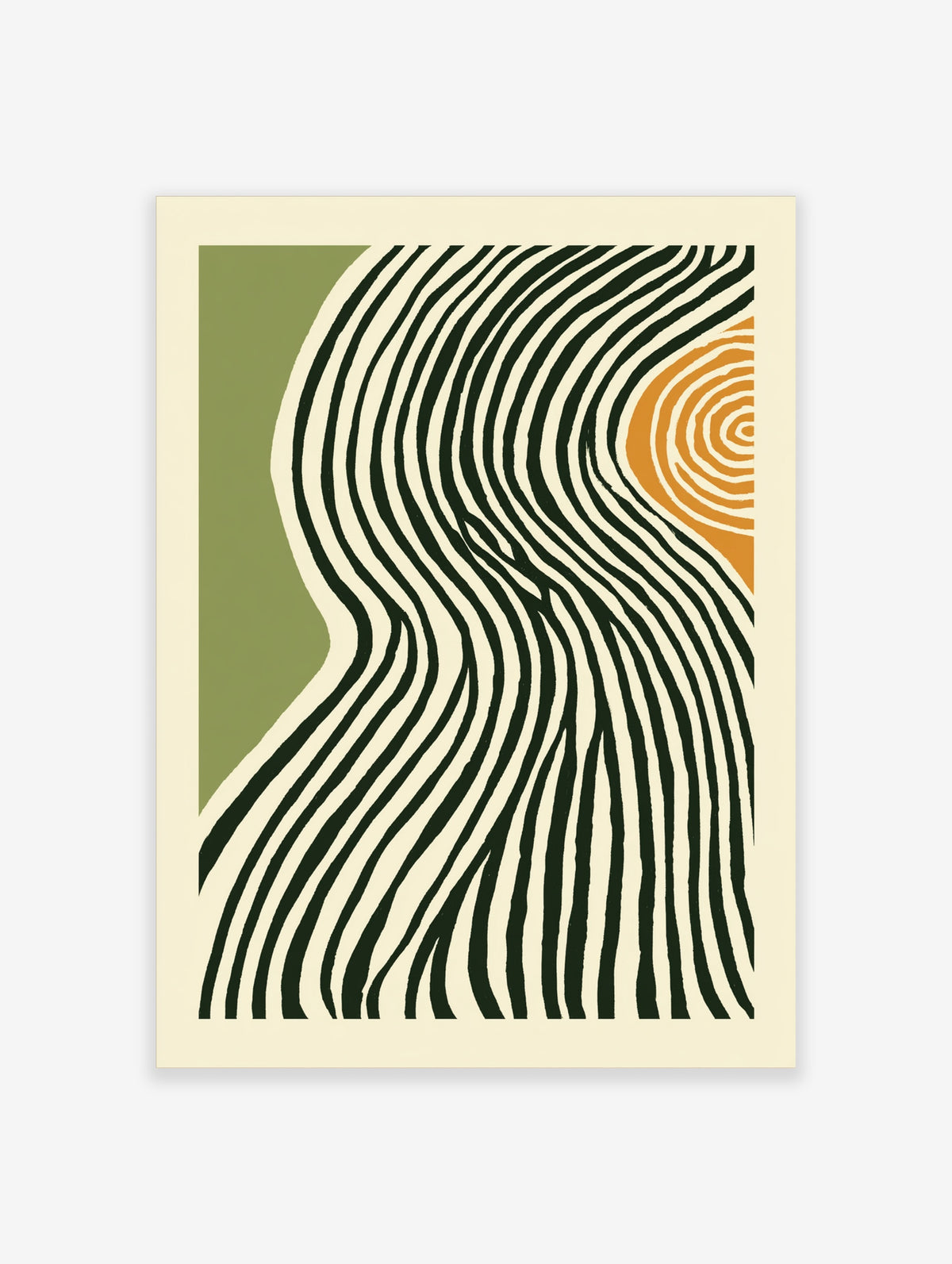 Abstract zebra stripes art print with dark green wavy lines, green block, and orange circles
