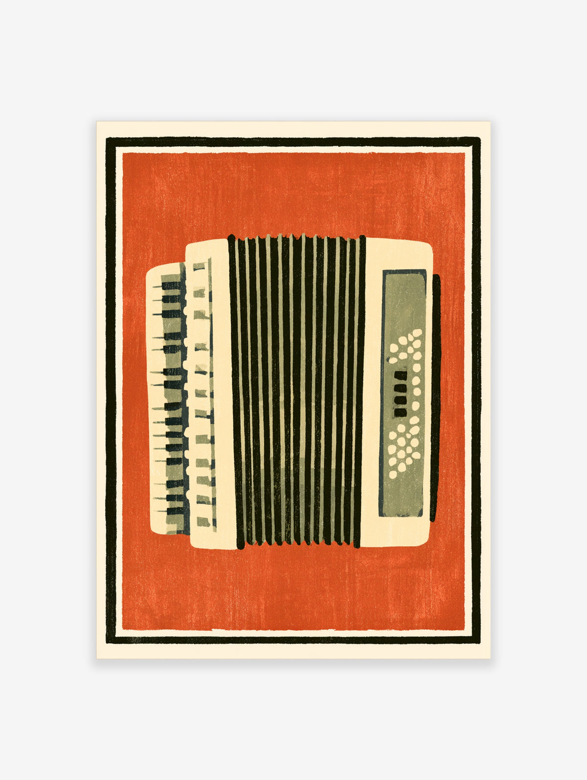 Retro accordion poster with black and cream bellows, piano keys, and grey grille on orange background