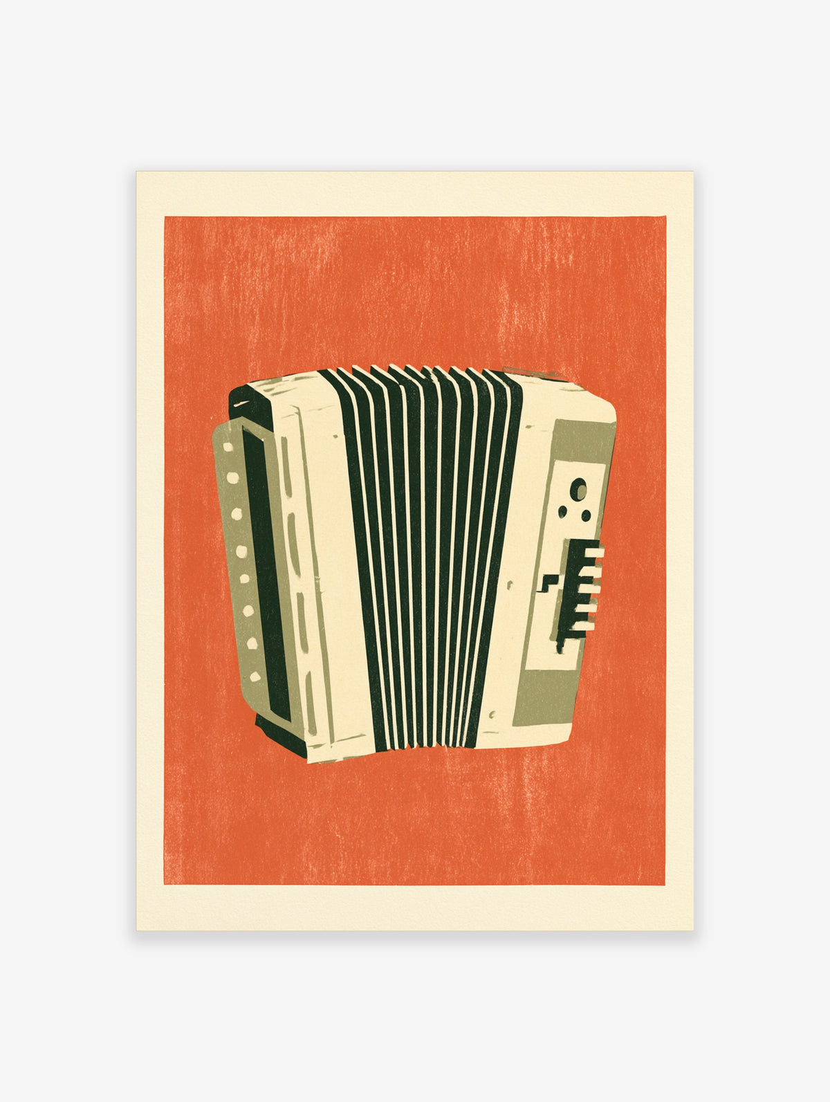 Retro accordion illustration poster with cream and olive green instrument on orange background
