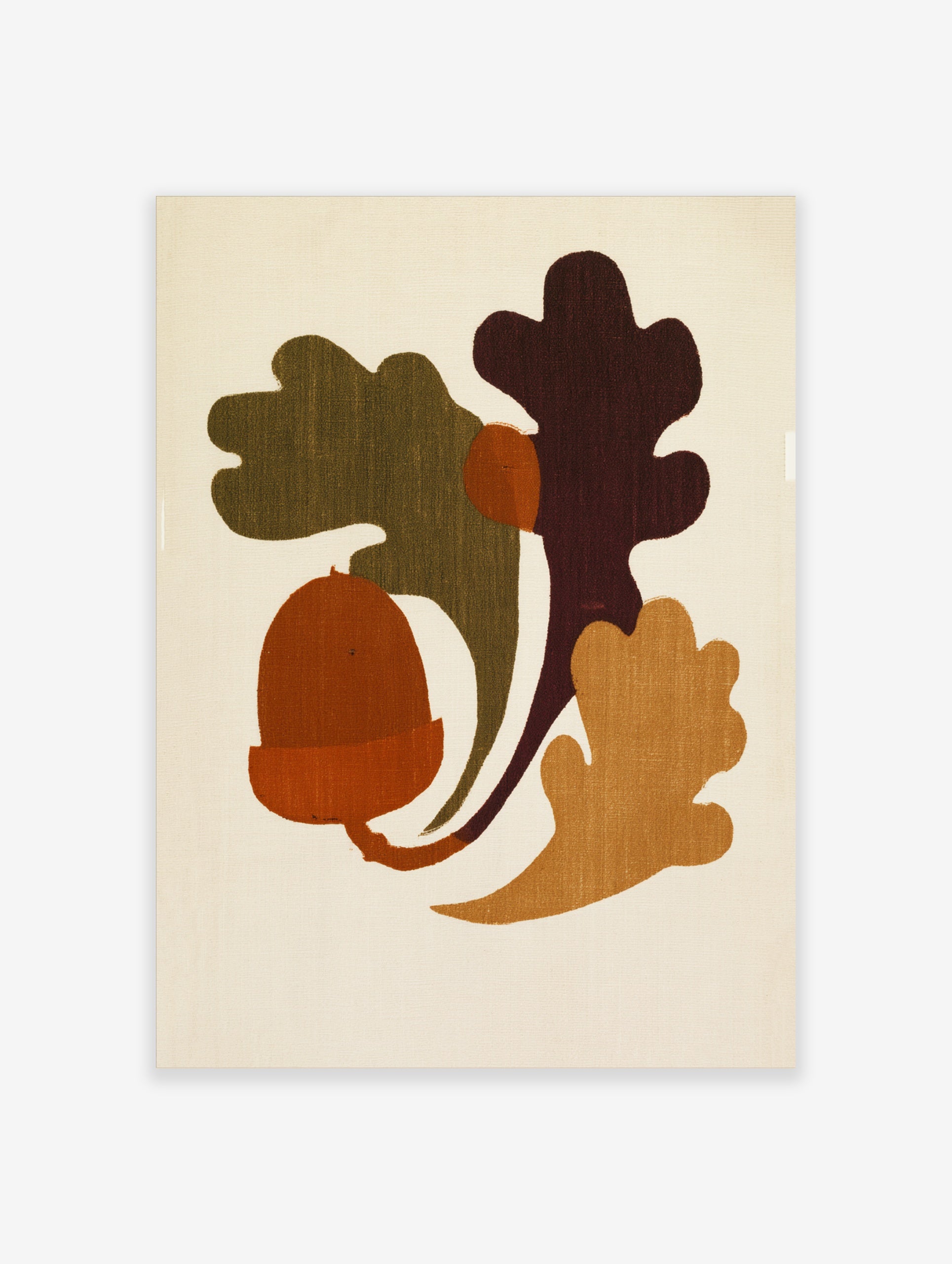 Minimalist illustrative art print featuring an acorn and oak leaves in earthy orange, green, and burgundy tones