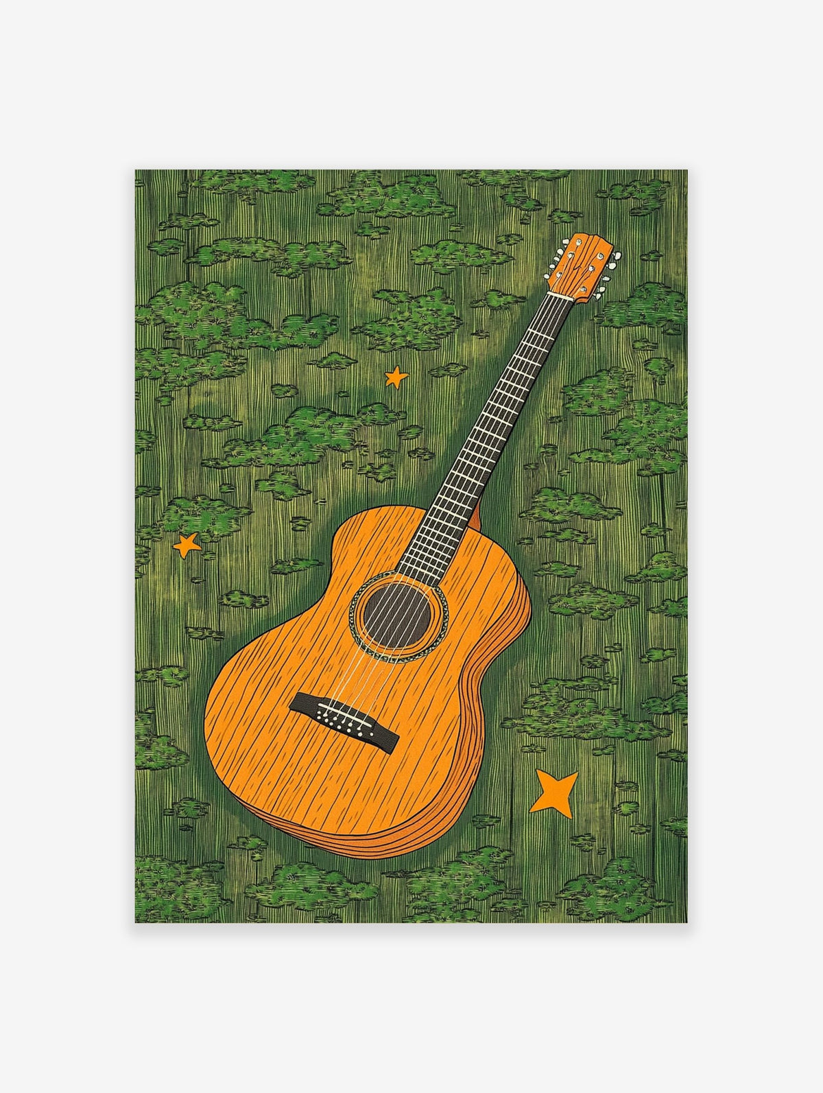 Illustrative acoustic guitar with orange body on textured green background with scattered orange stars