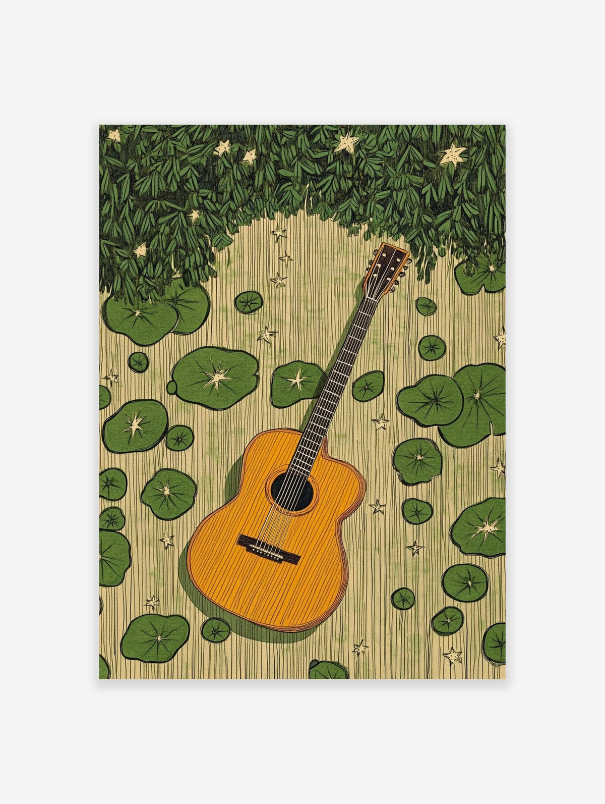Illustrative art print of an acoustic guitar floating on water with green lily pads, foliage, and star flowers