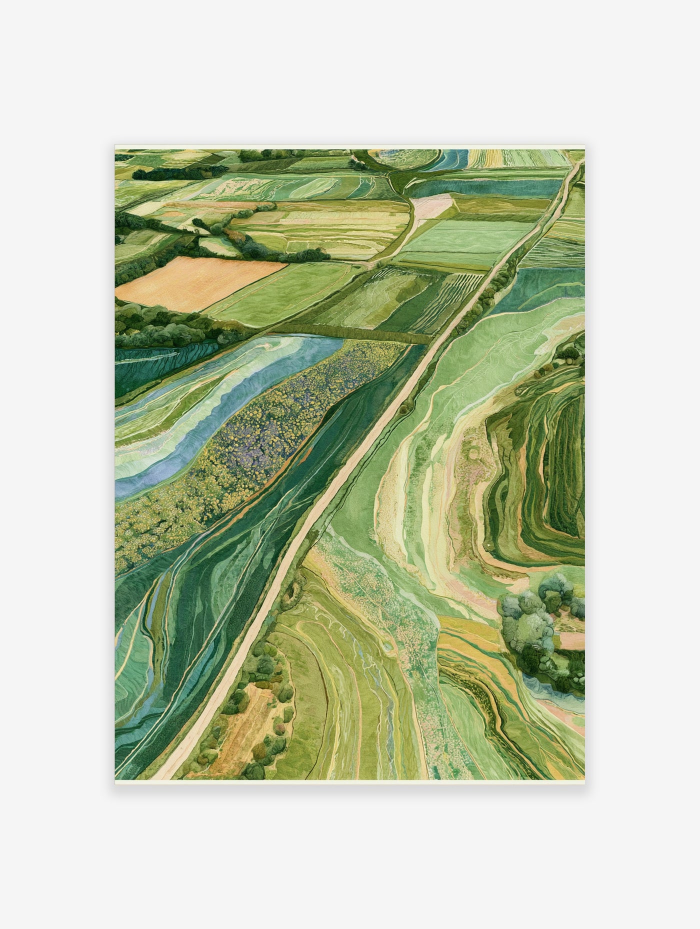 Aerial landscape art print featuring a patchwork of green fields, winding paths, and textured countryside details
