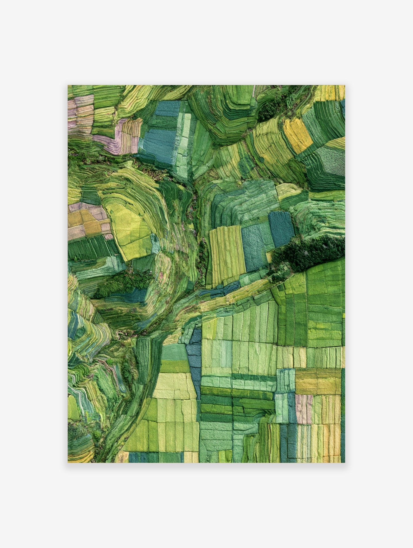 Aerial view of green terraced rice fields forming a natural mosaic pattern on a hillside landscape