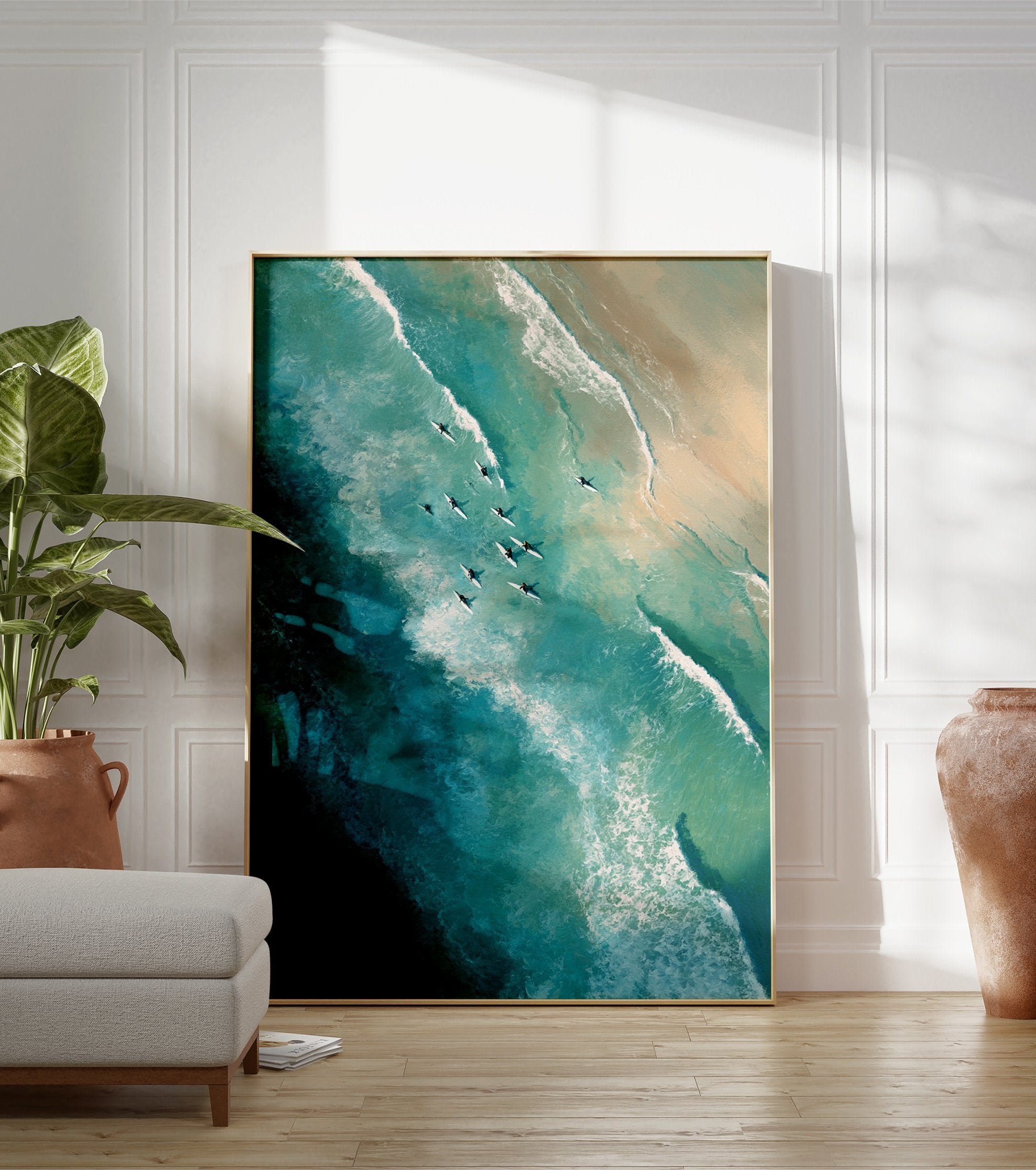 Aerial view poster of surfers on white surfboards in clear blue-green ocean water with waves near a sandy beach, painted style. - Image 3