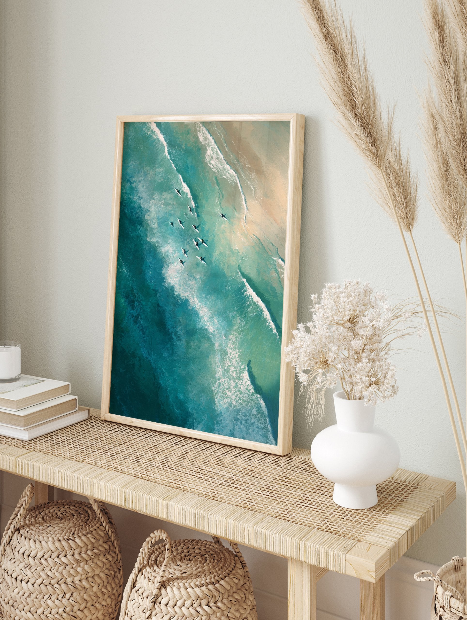 Aerial view poster of surfers on white surfboards in clear blue-green ocean water with waves near a sandy beach, painted style. - Image 4