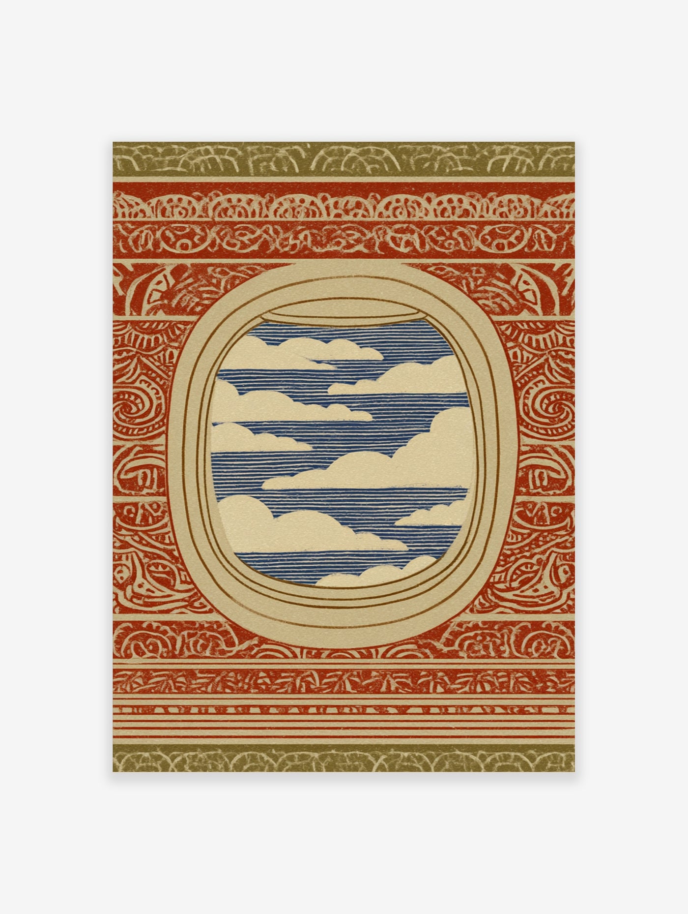 Aeroplane window view with blue striped sky and white clouds, ornate red border, unframed paper print
