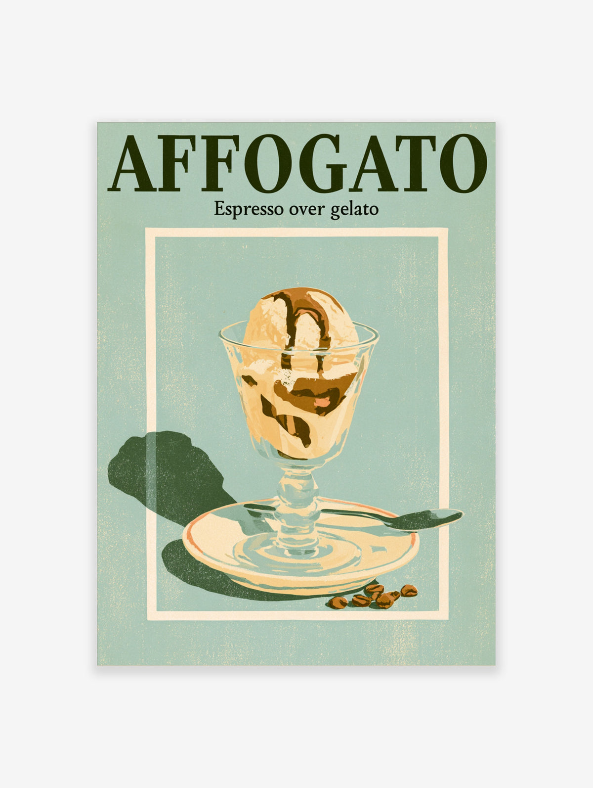 Affogato poster with espresso over gelato in a glass, dark green typography, and teal background