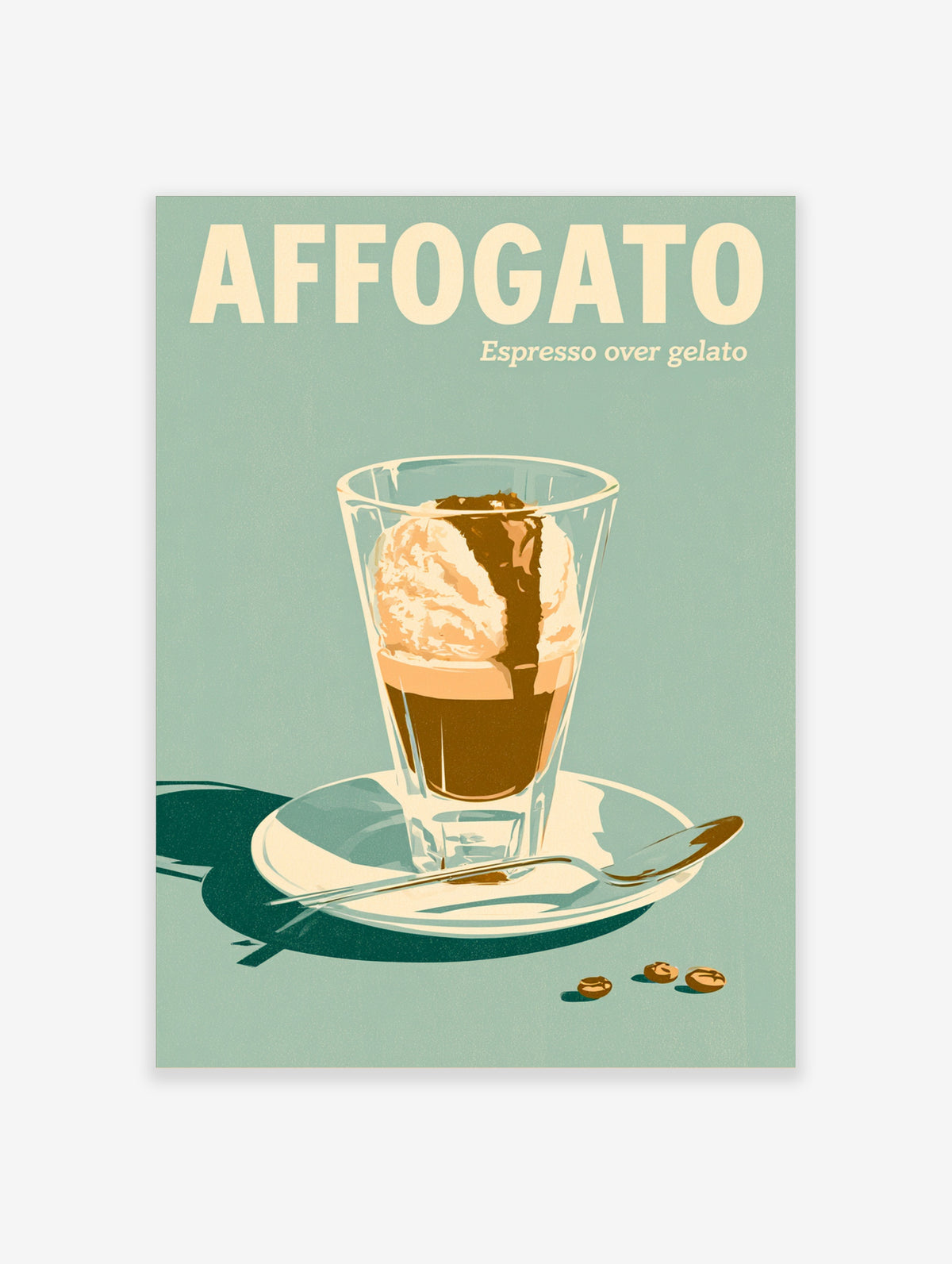 Affogato poster with espresso over gelato in a glass, spoon, and coffee beans on a teal background