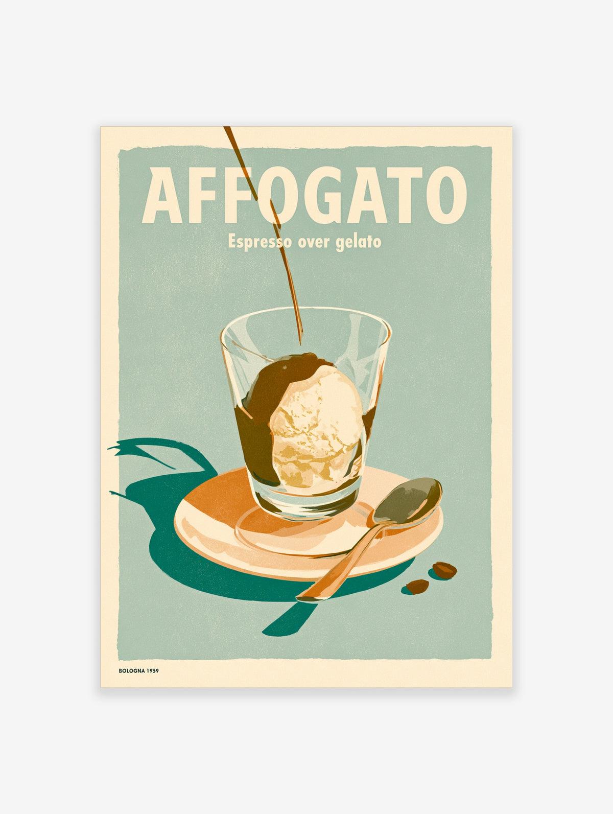 Affogato poster with espresso pouring over gelato in a glass, spoon and coffee beans on a teal background