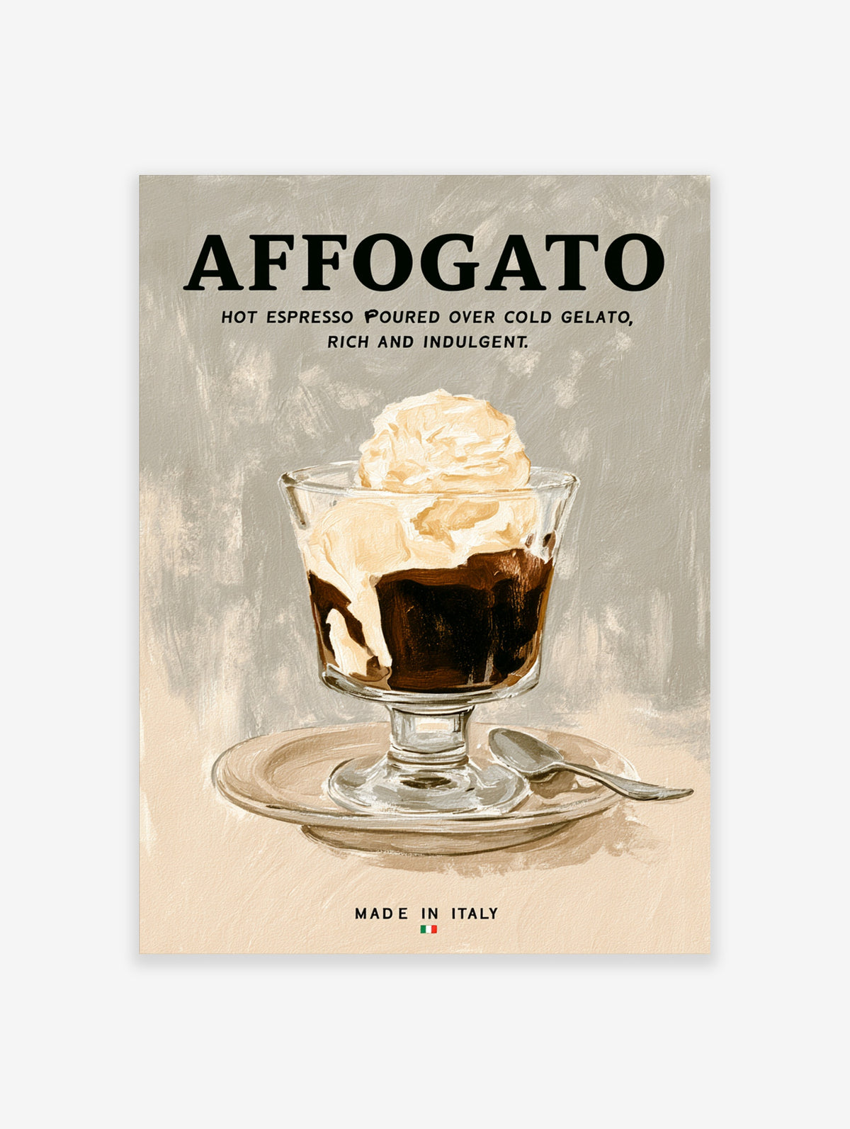 Affogato poster with painted glass of espresso and gelato, bold typography on beige background