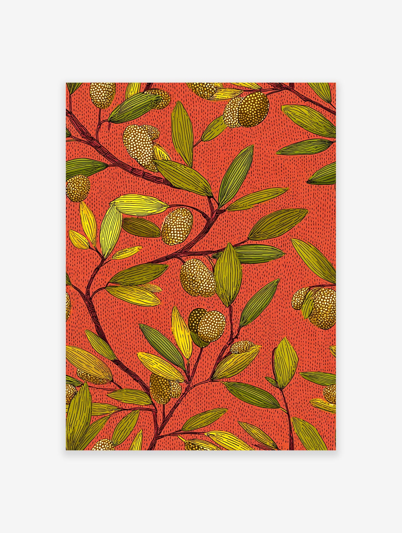 Vibrant African botanical wall art pattern with orange background, green leaves, and textured golden fruits/seeds.