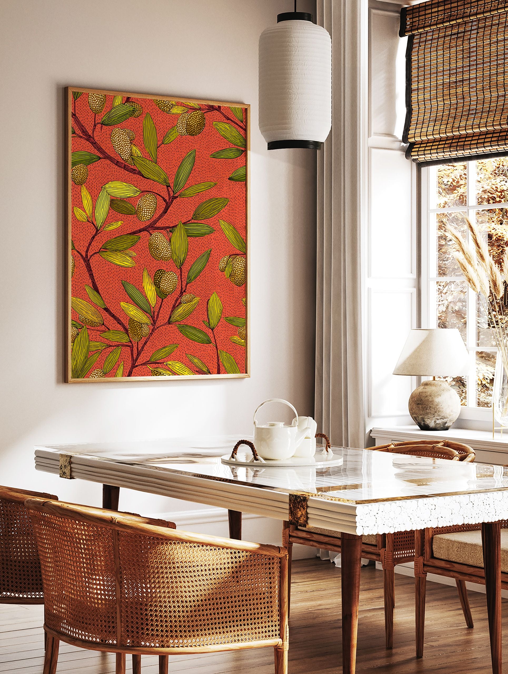 Vibrant African botanical wall art pattern with orange background, green leaves, and textured golden fruits/seeds. - Image 2
