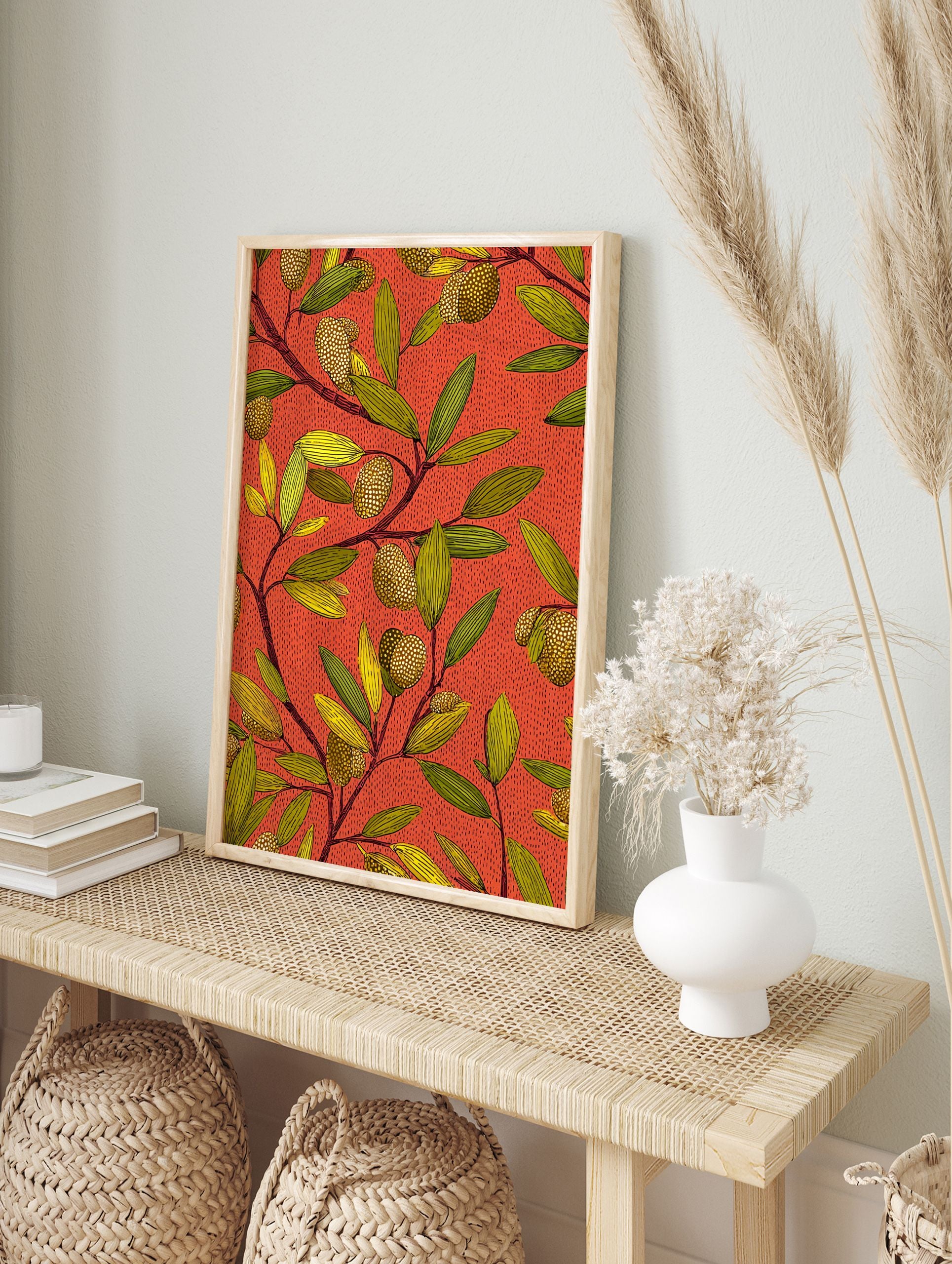 Vibrant African botanical wall art pattern with orange background, green leaves, and textured golden fruits/seeds. - Image 3