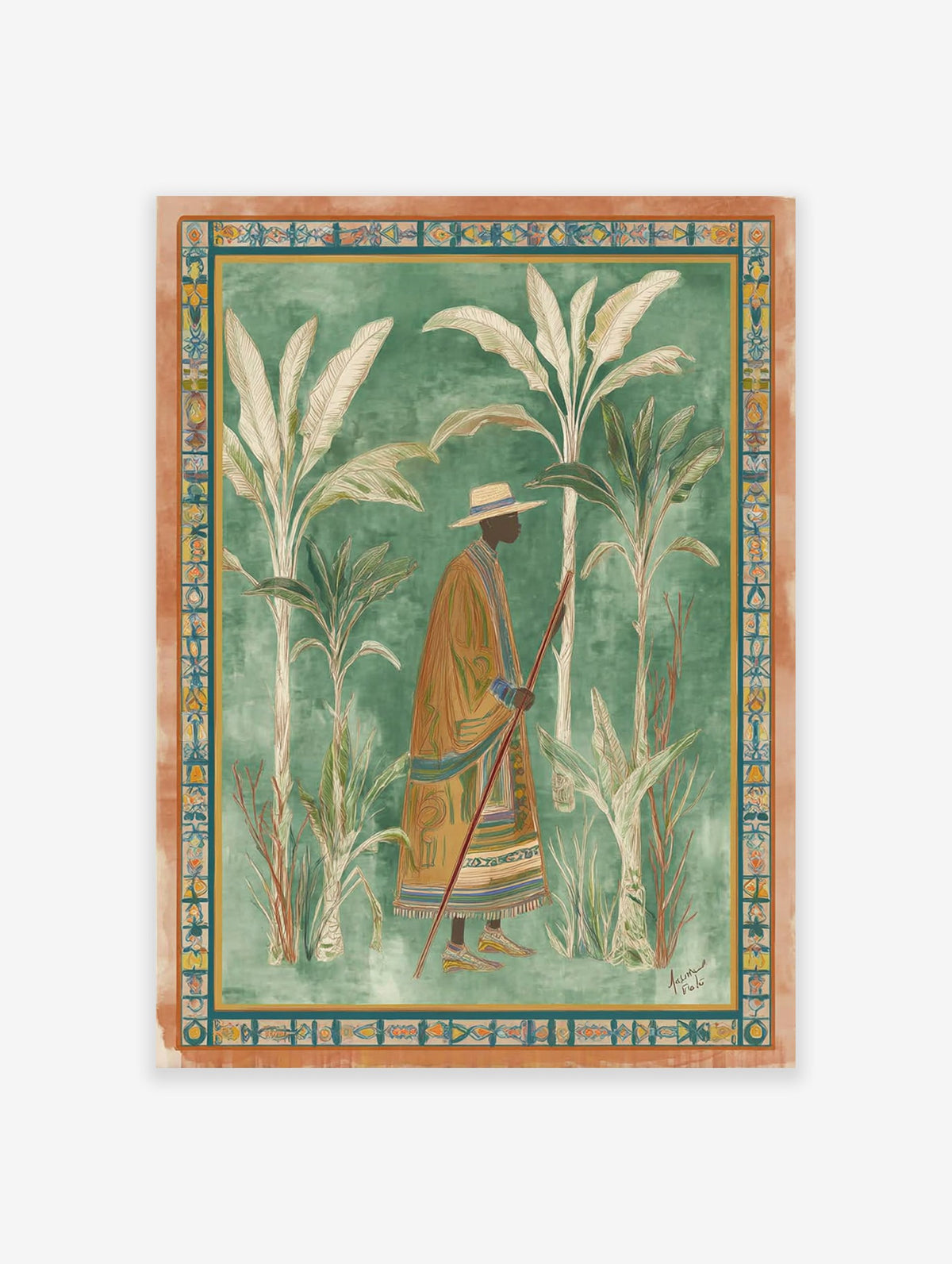 African cultural wall art illustration of a man in traditional attire walking among banana trees with a decorative border.