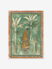 African cultural wall art illustration of a man in traditional attire walking among banana trees with a decorative border.