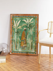 African cultural wall art illustration of a man in traditional attire walking among banana trees with a decorative border. - Image 2