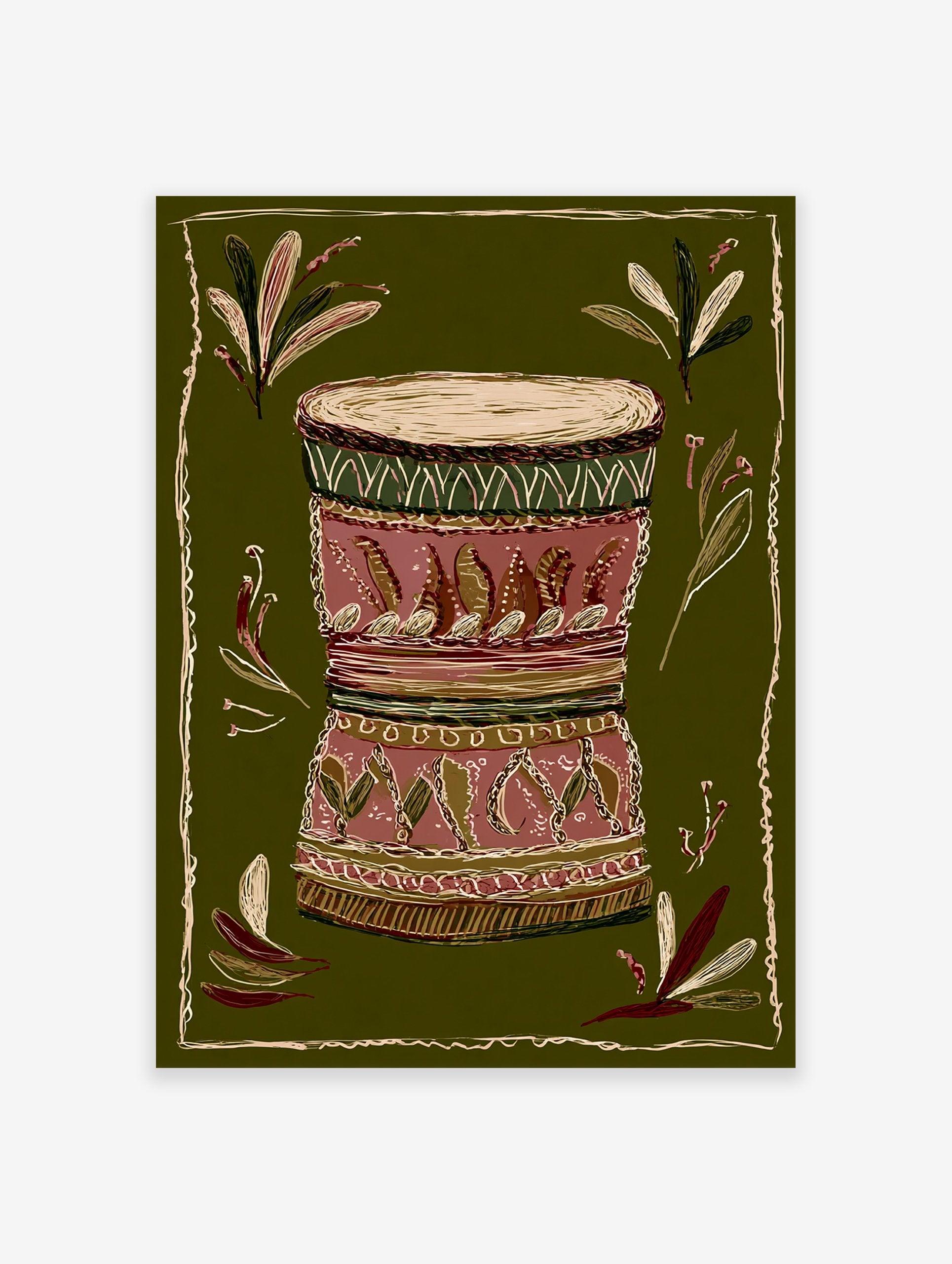 African drum illustration with tribal patterns on a dark green background, surrounded by decorative leaves and a border.