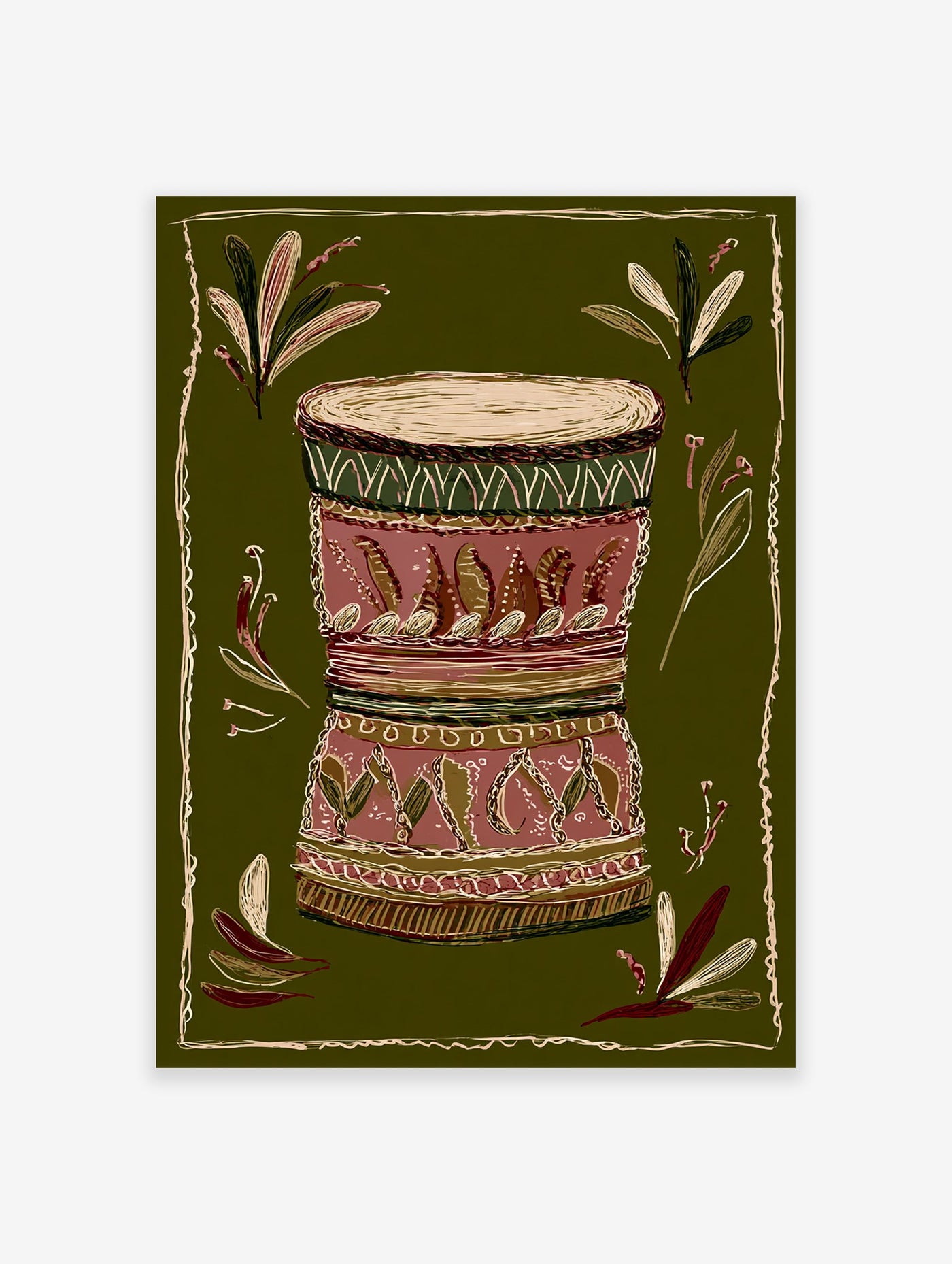 African drum illustration with tribal patterns on a dark green background, surrounded by decorative leaves and a border.
