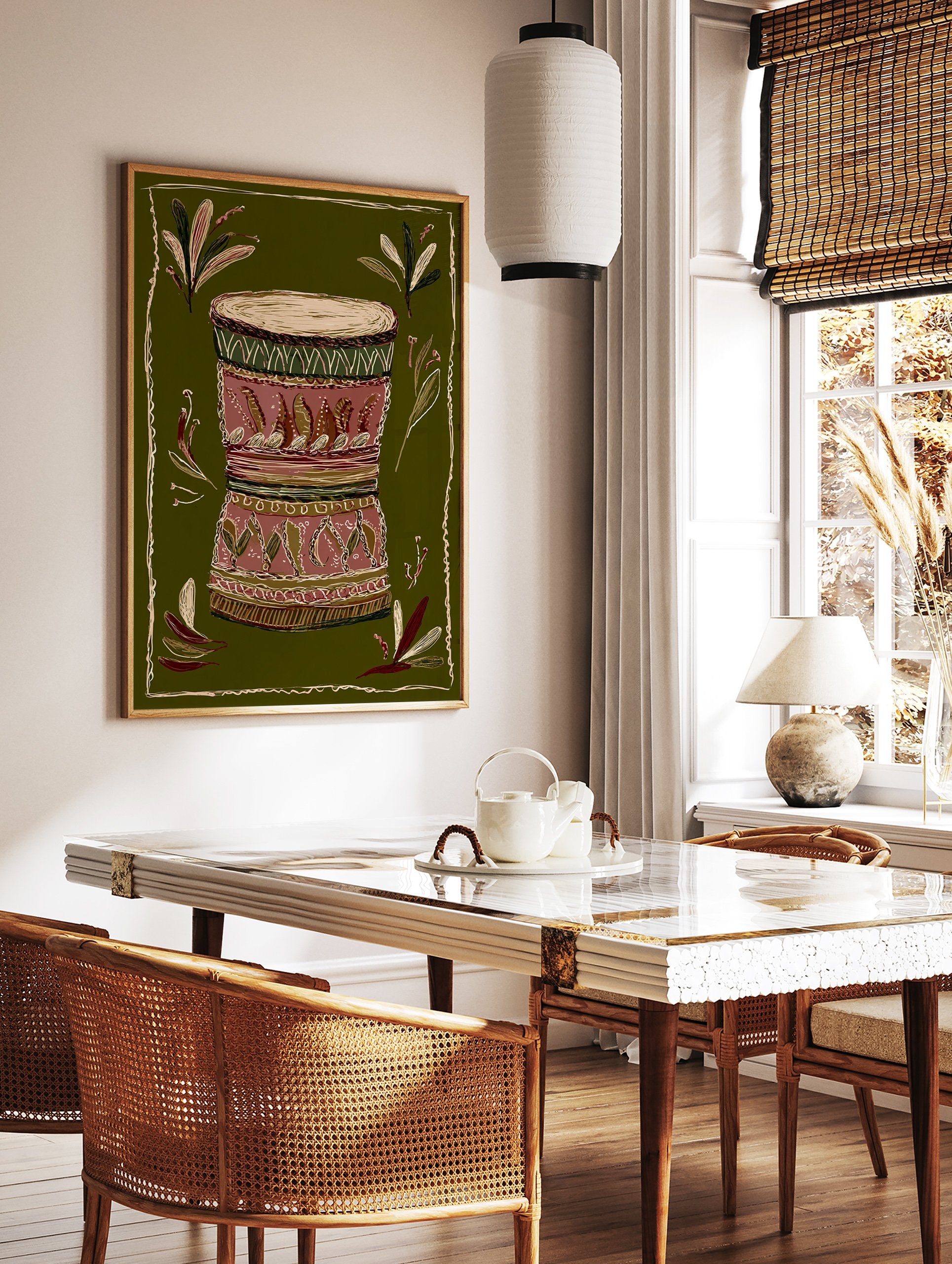 African drum illustration with tribal patterns on a dark green background, surrounded by decorative leaves and a border. - Image 2