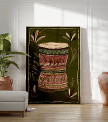 African drum illustration with tribal patterns on a dark green background, surrounded by decorative leaves and a border. - Image 3