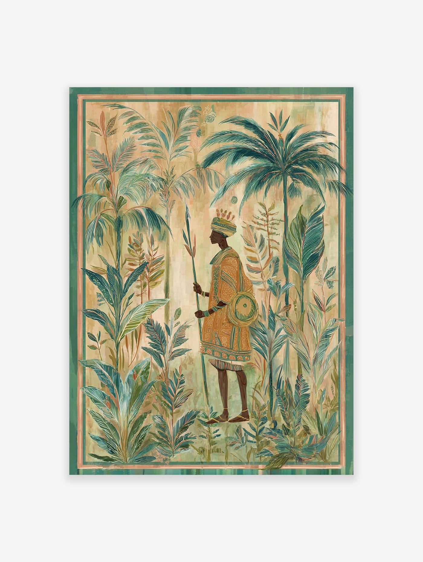 African King Wall Art illustration with a regal figure holding a spear and shield amidst lush tropical jungle foliage.