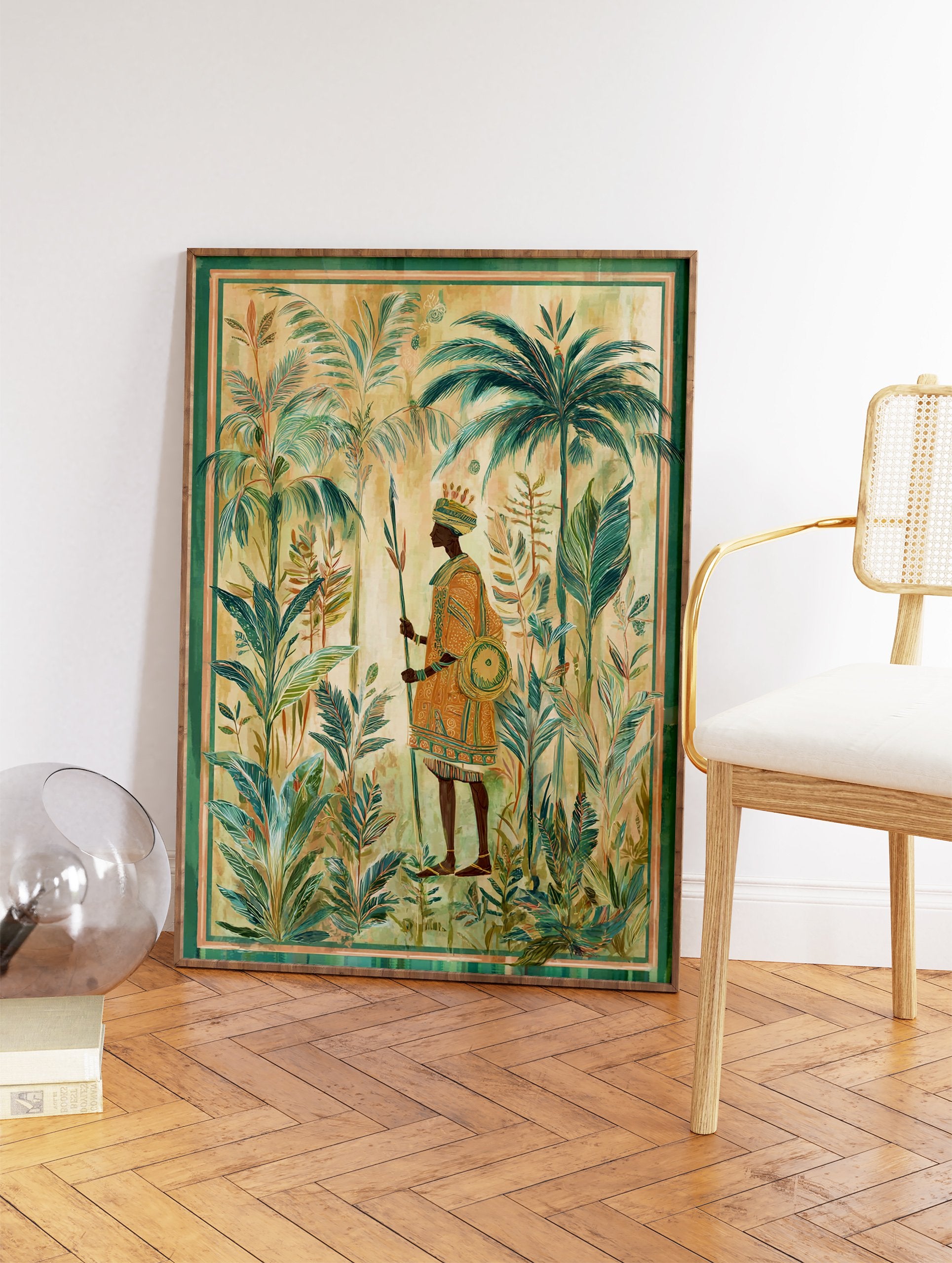 African King Wall Art illustration with a regal figure holding a spear and shield amidst lush tropical jungle foliage. - Image 2