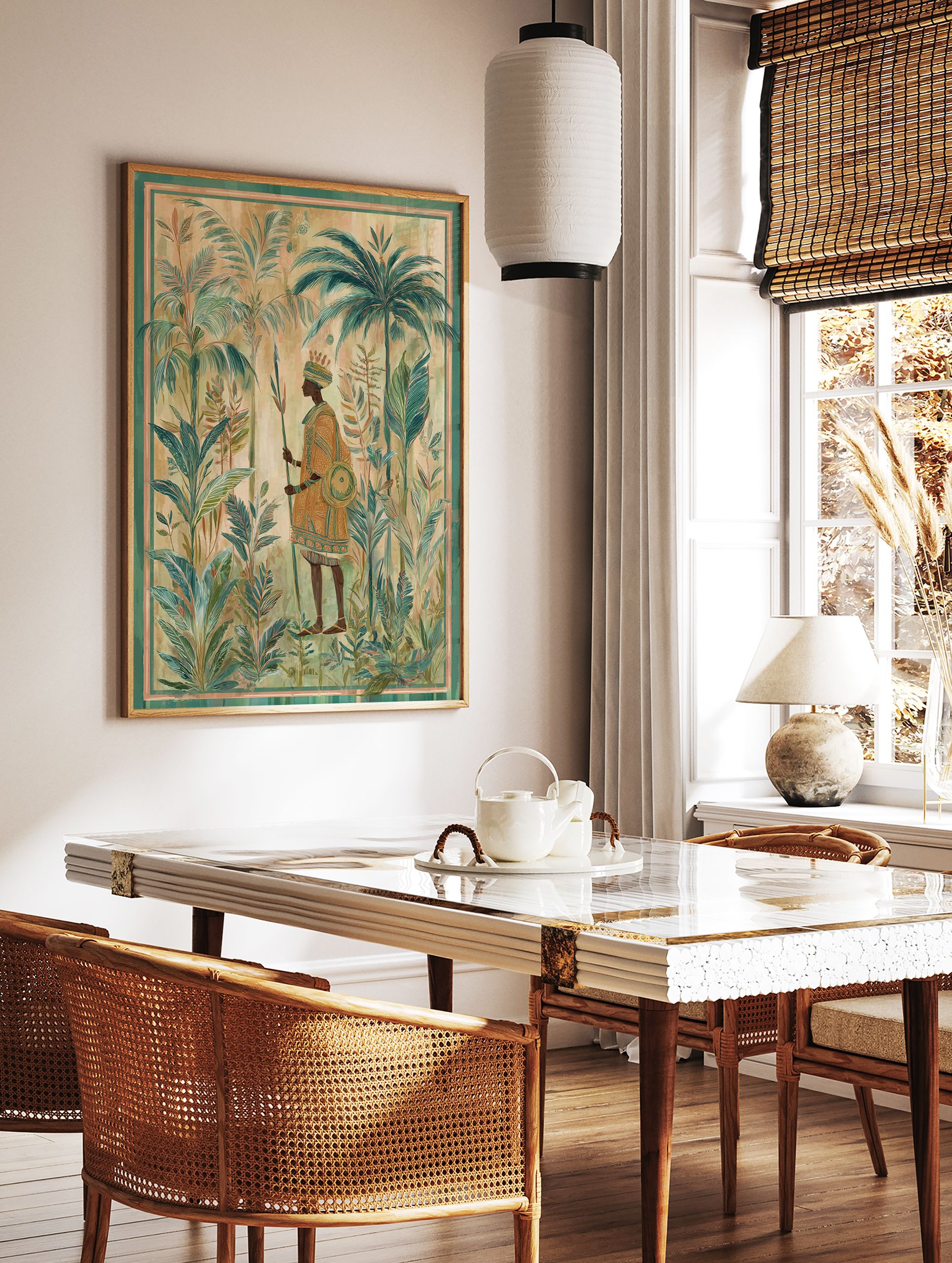 African King Wall Art illustration with a regal figure holding a spear and shield amidst lush tropical jungle foliage. - Image 3