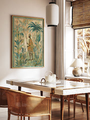 African King Wall Art illustration with a regal figure holding a spear and shield amidst lush tropical jungle foliage. - Image 3