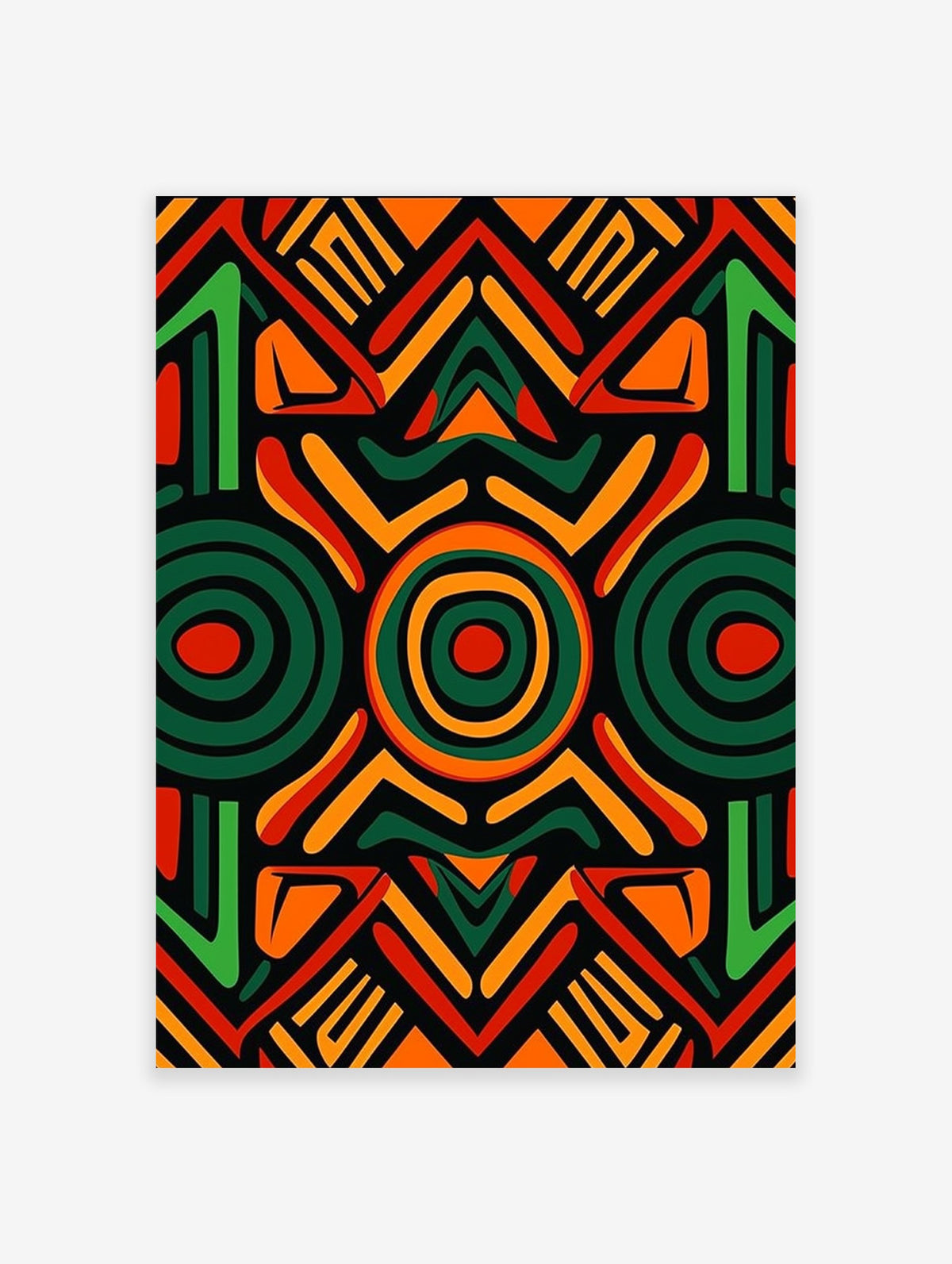 African pattern poster with geometric tribal art in red, green, and orange on a black background.