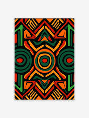 African pattern poster with geometric tribal art in red, green, and orange on a black background.