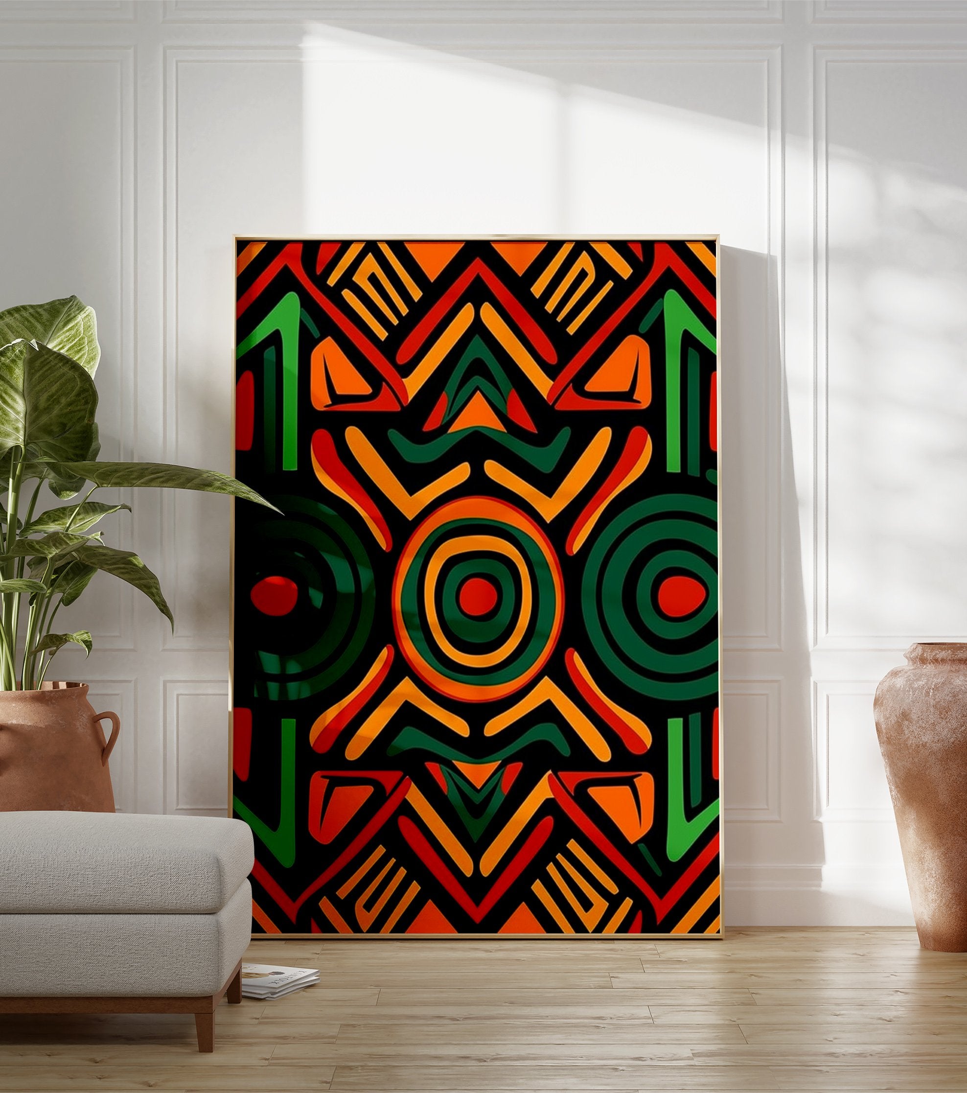 African pattern poster with geometric tribal art in red, green, and orange on a black background. - Image 3
