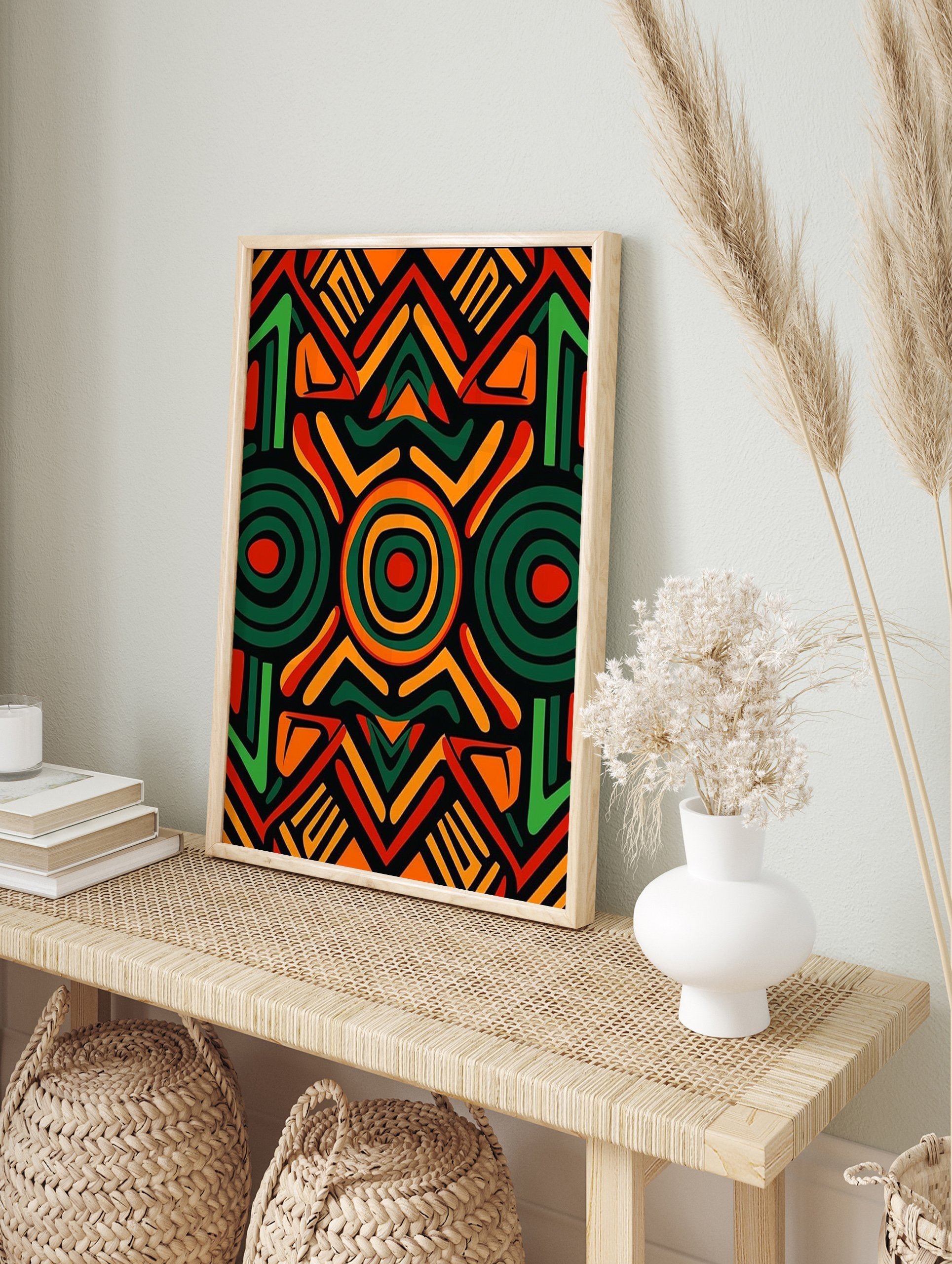 African pattern poster with geometric tribal art in red, green, and orange on a black background. - Image 4