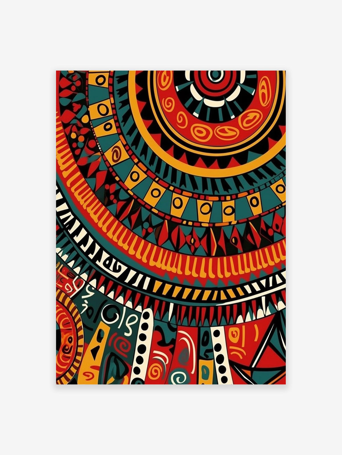 A vibrant African Tribal Pattern Poster featuring intricate geometric and circular designs in red, yellow, teal, and black.