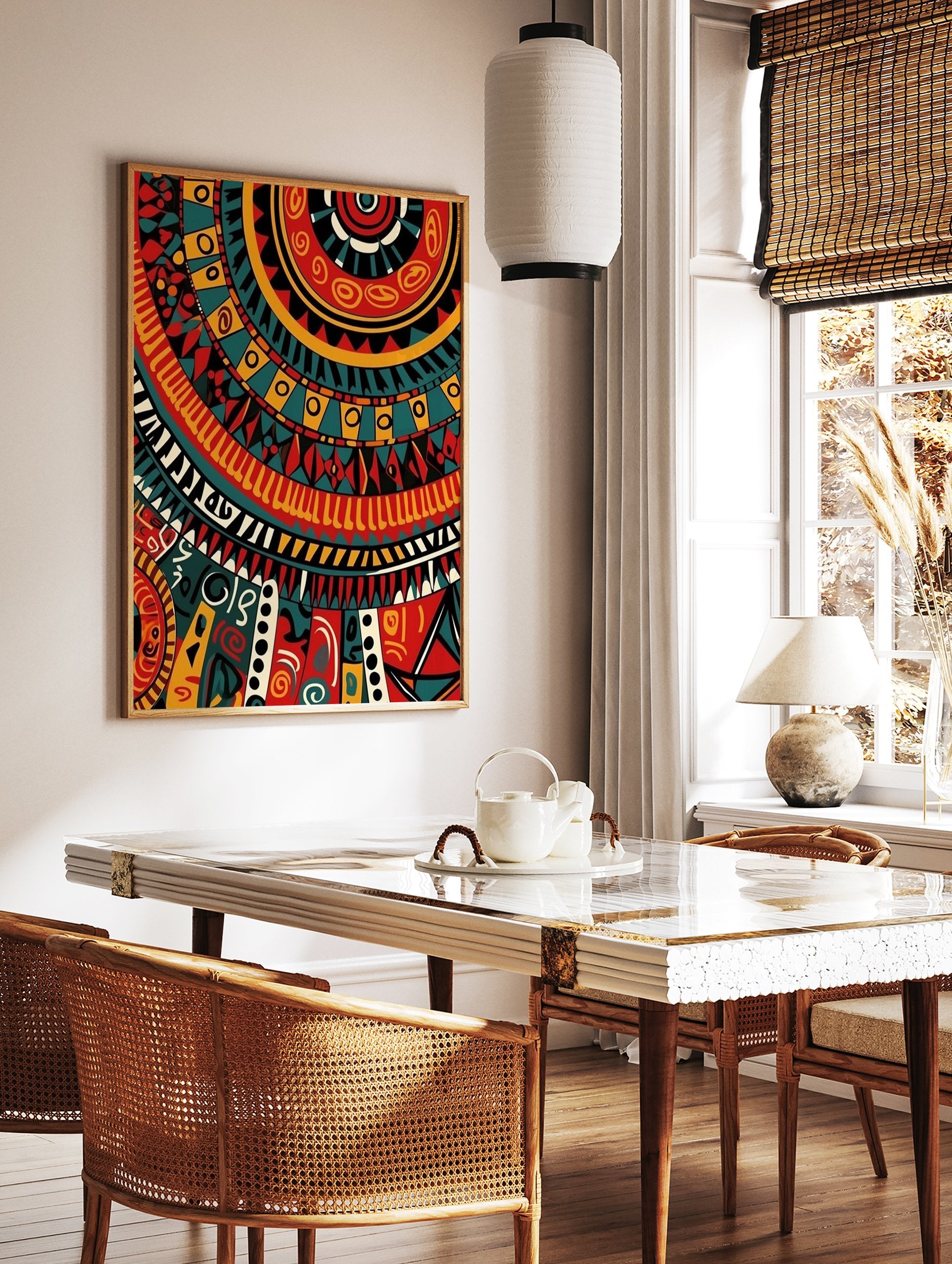 A vibrant African Tribal Pattern Poster featuring intricate geometric and circular designs in red, yellow, teal, and black. - Image 2