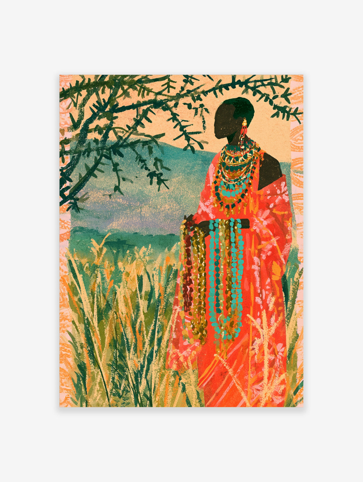 Colourful African woman poster with beaded necklaces and red robe against green foliage