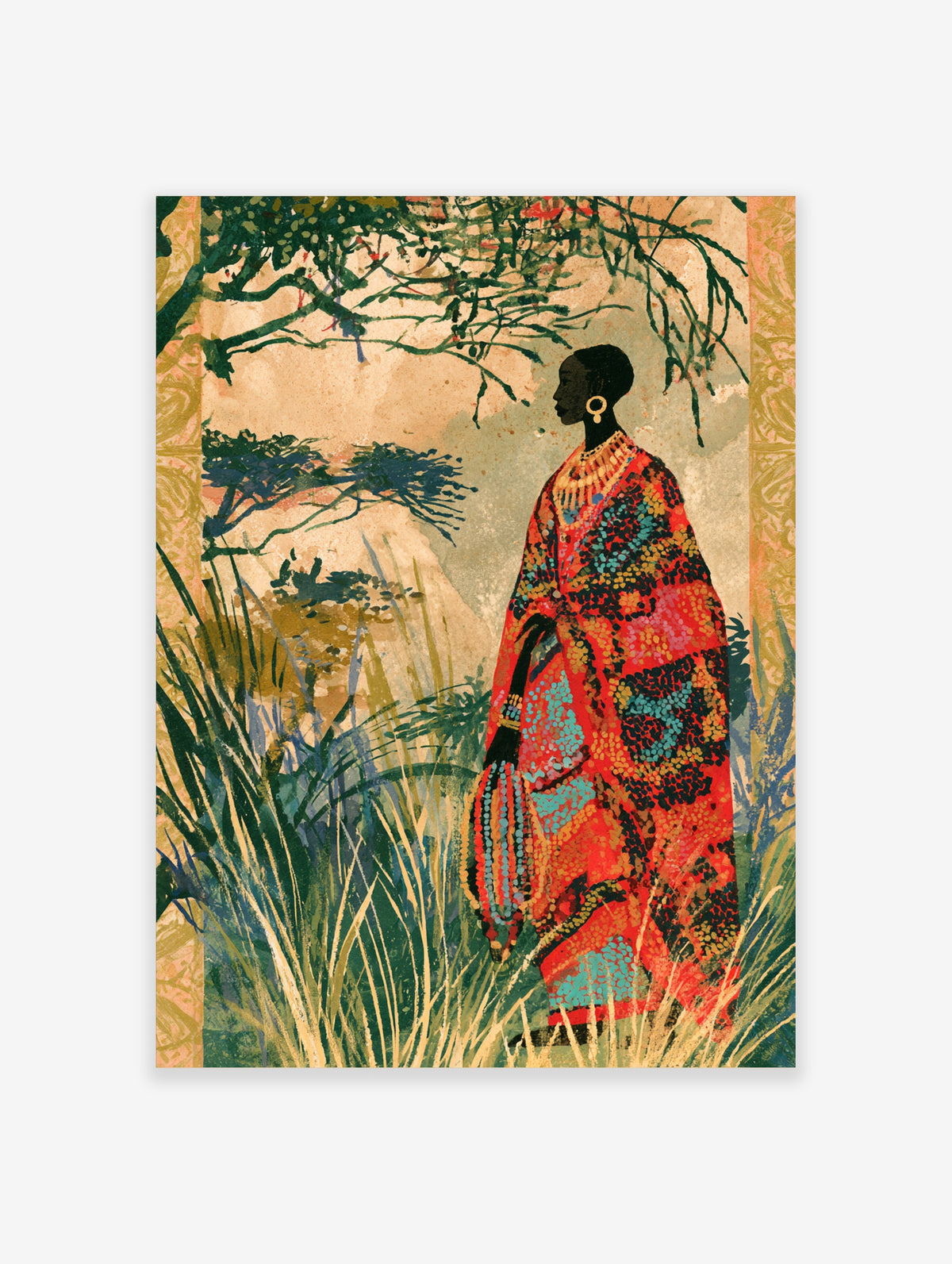 Colourful African woman art print in patterned robe with gold jewellery and acacia trees