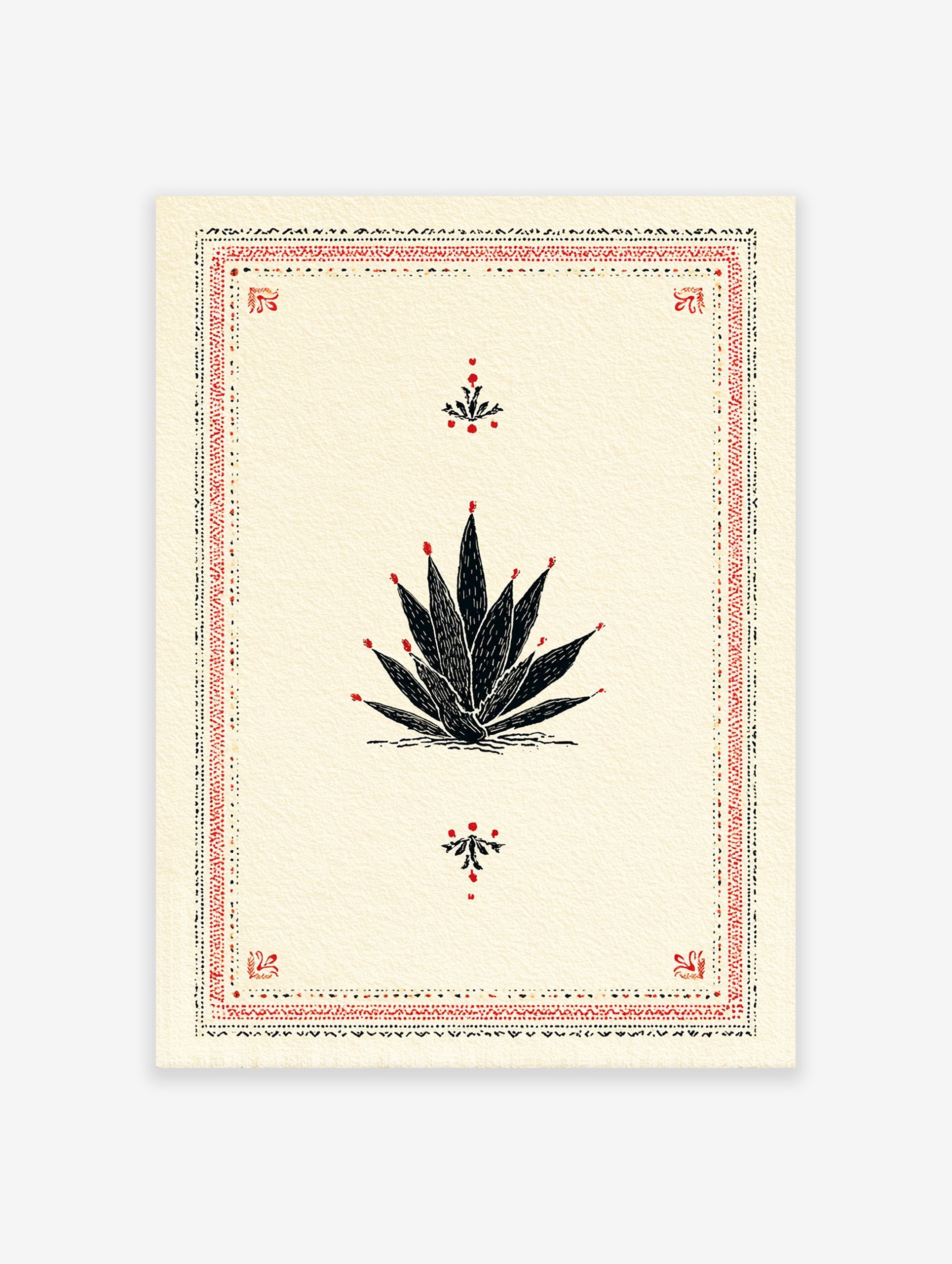 Black and red agave plant illustration poster with a decorative folk art border on a cream background.