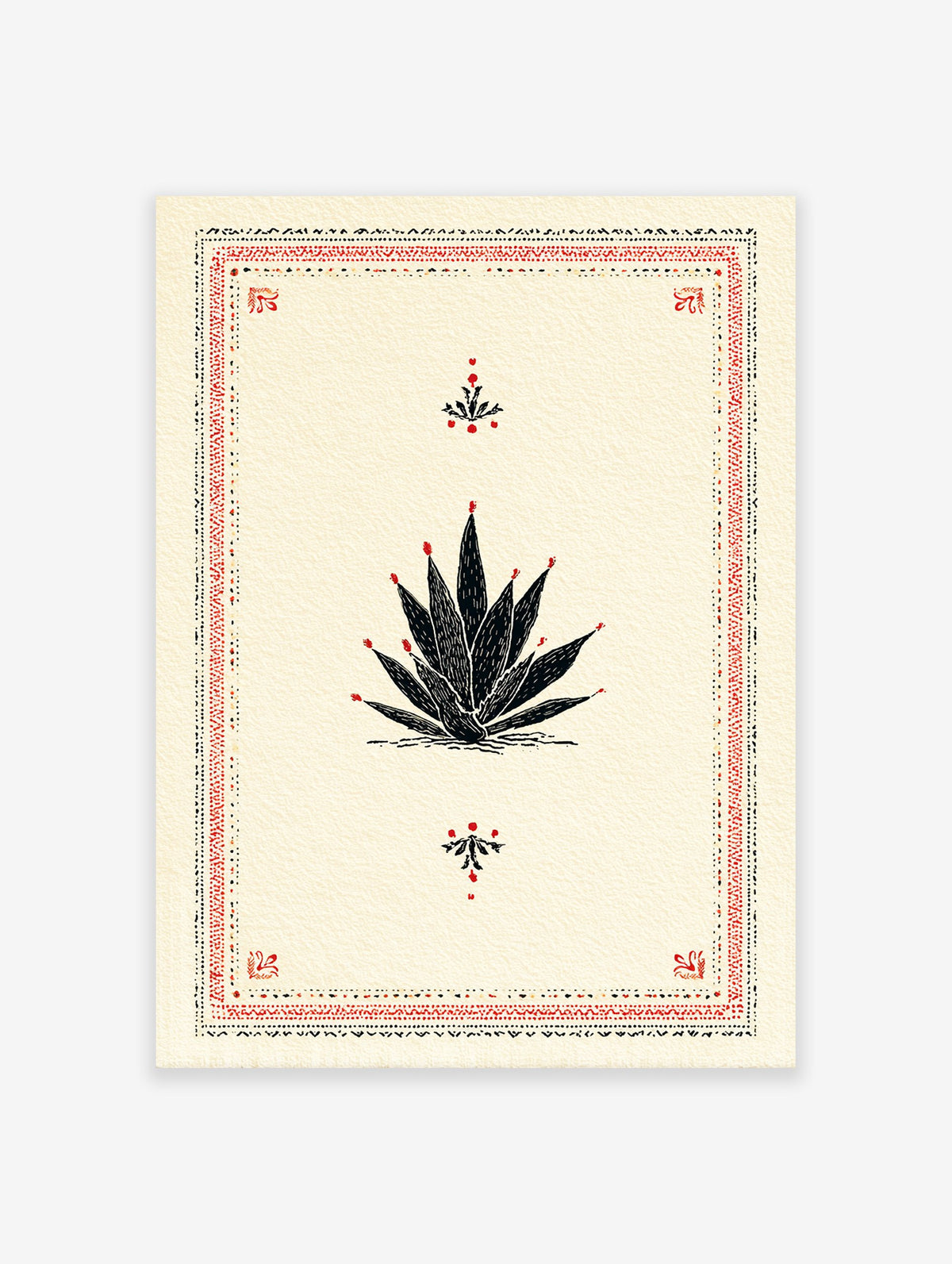 Black and red agave plant illustration poster with a decorative folk art border on a cream background.