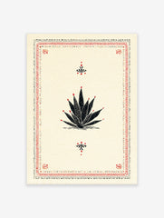 Black and red agave plant illustration poster with a decorative folk art border on a cream background.