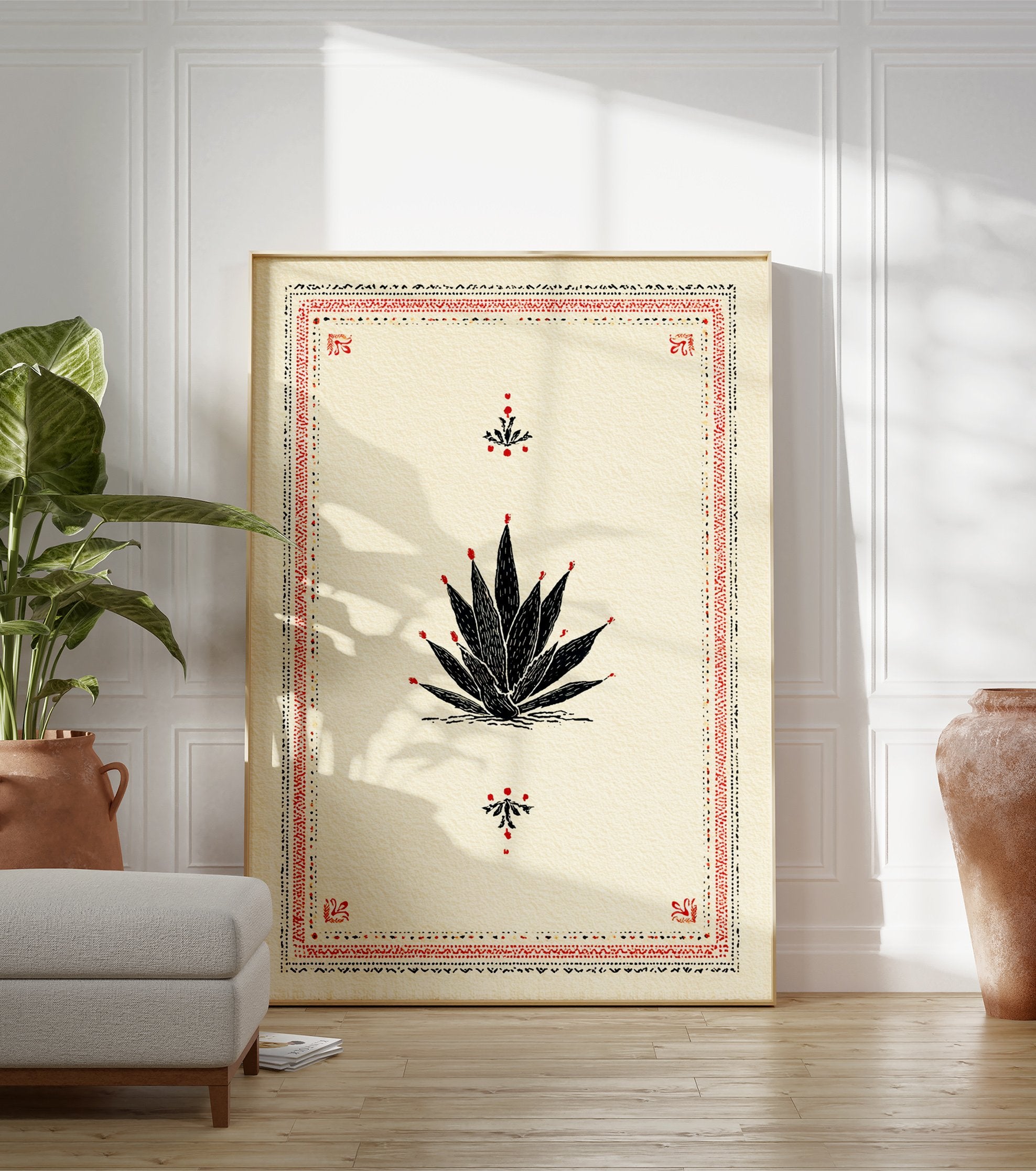Black and red agave plant illustration poster with a decorative folk art border on a cream background. - Image 3